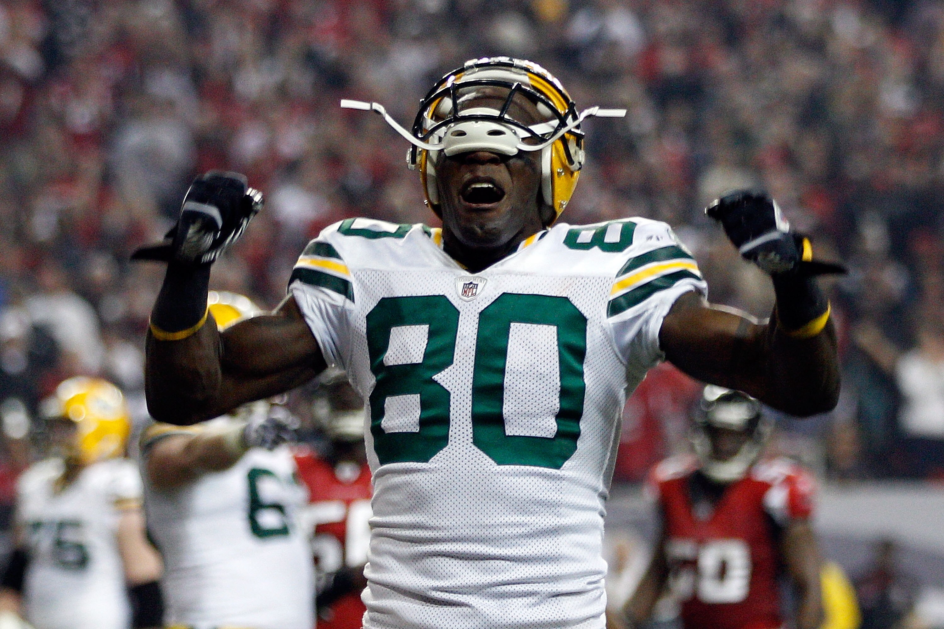 ATLANTA, GA - JANUARY 15:  Donald Driver #80 of the Green Bay Packers reacts after he made a reception against the Atlanta Falcons during their 2011 NFC divisional playoff game at Georgia Dome on January 15, 2011 in Atlanta, Georgia. The Packers won 48-21