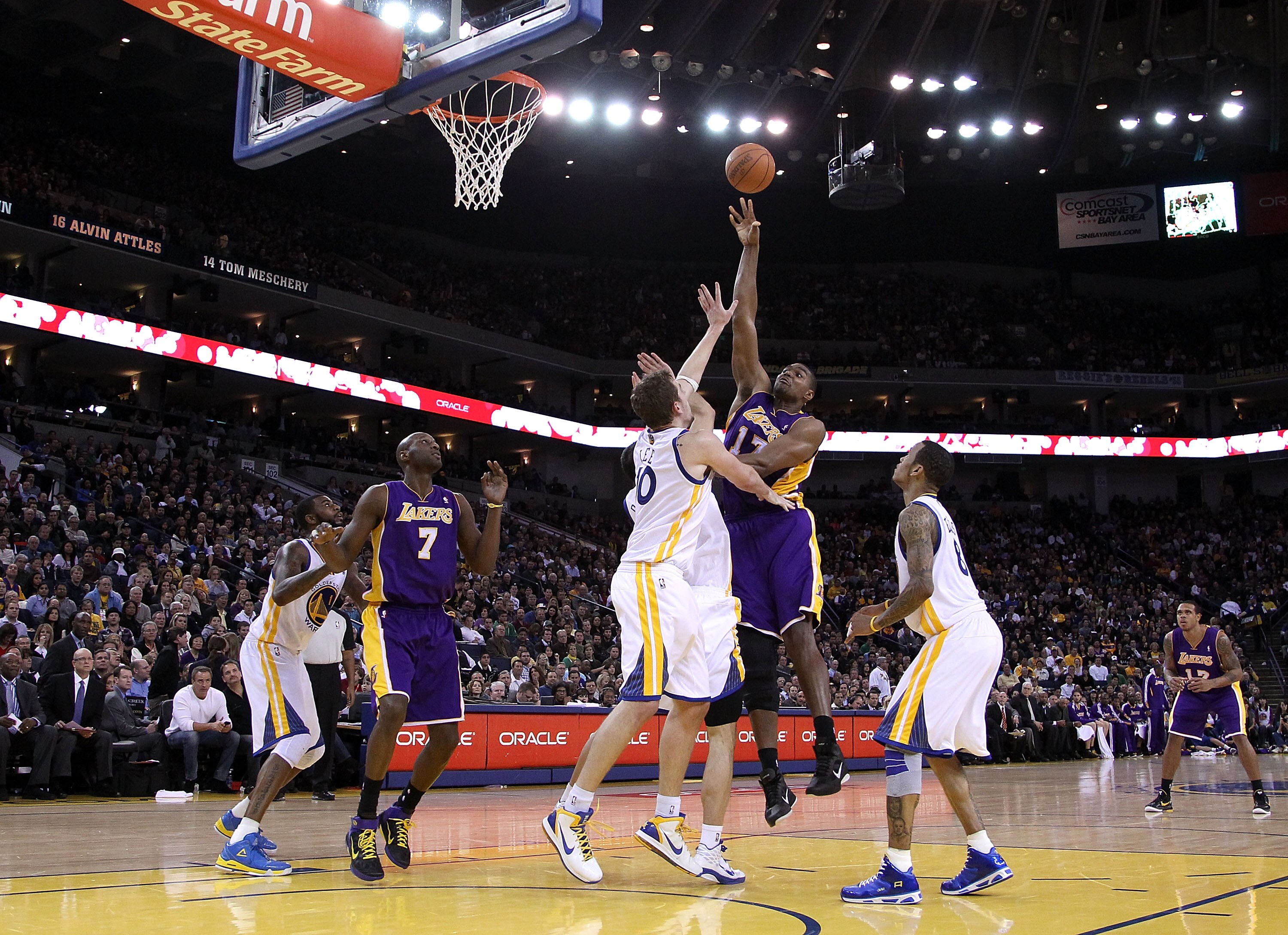 OAKLAND, CA - JANUARY 12:  Andrew Bynum #17 of the Los Angeles Lakers in action during their game against the Golden State Warriors at Oracle Arena on January 12, 2011 in Oakland, California. NOTE TO USER: User expressly acknowledges and agrees that, by d