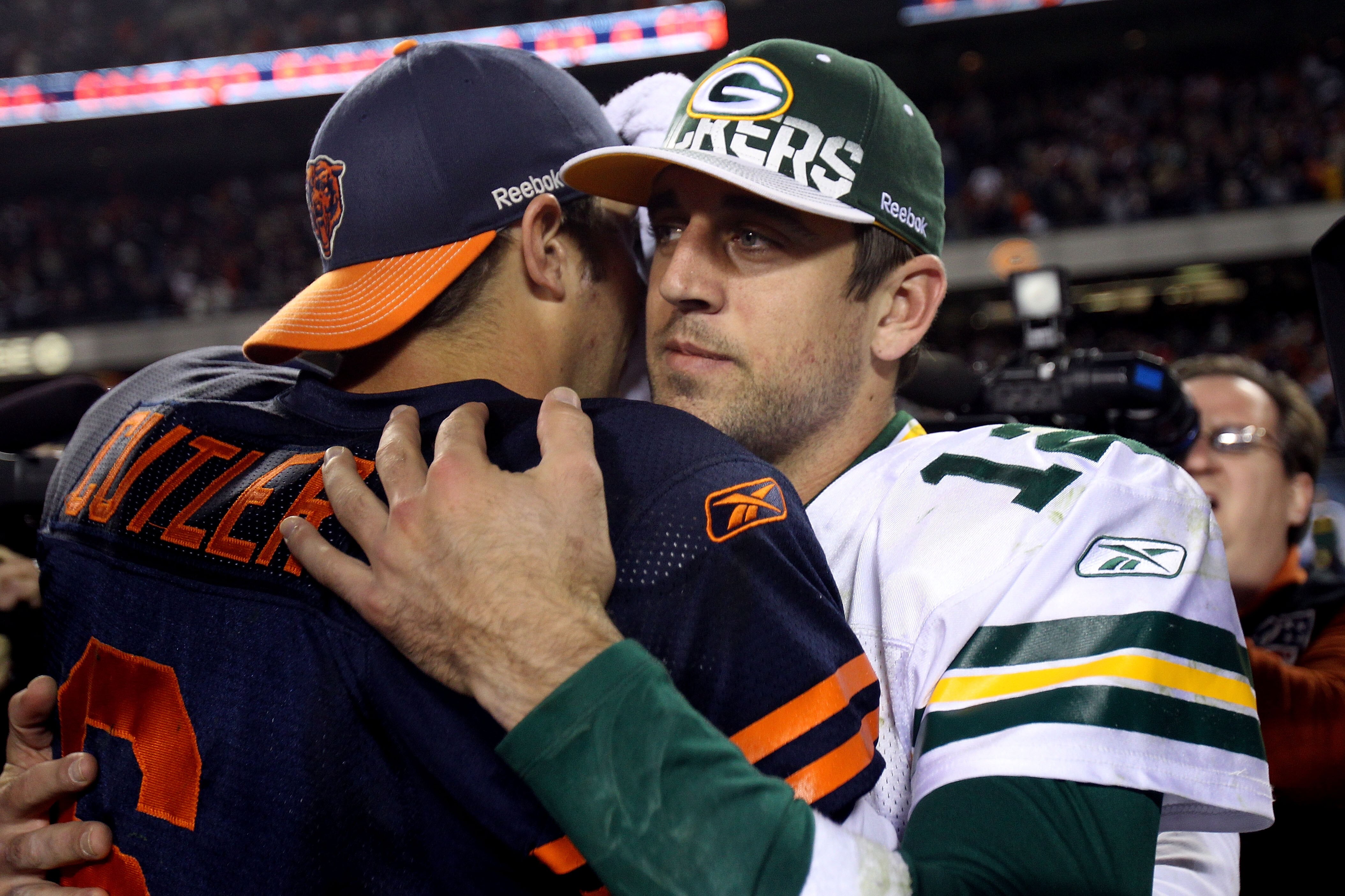 CHICAGO - SEPTEMBER 27:  Aaron Rodgers #12 of the Green Bay Packers congratulates Jay Cutler #6 of the Chicago Bears after the Bears won 20-17 at Soldier Field on September 27, 2010 in Chicago, Illinois.  (Photo by Jonathan Daniel/Getty Images)