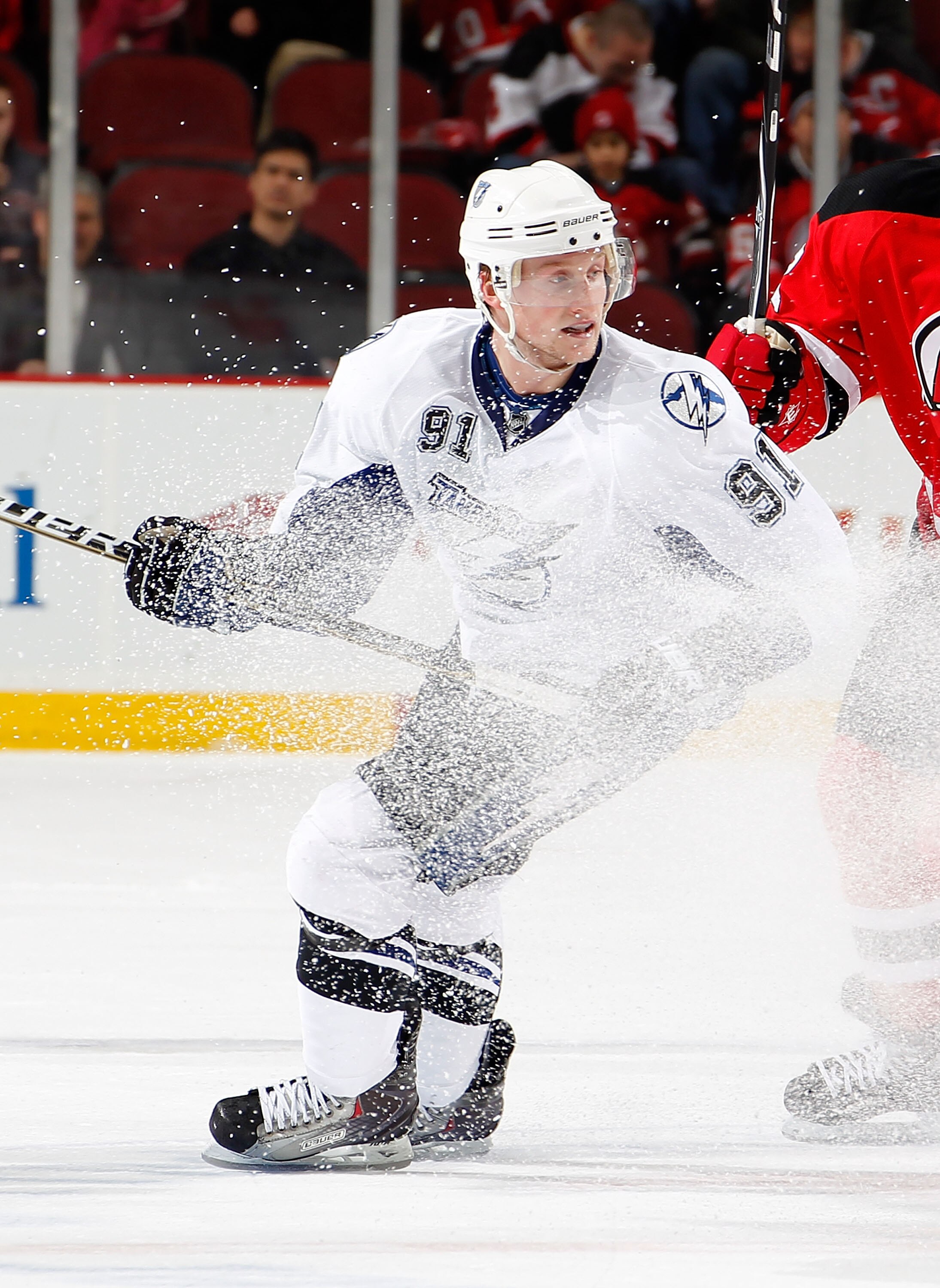 NEWARK, NJ - JANUARY 09: Steven Stamkos #91 of the Tampa Bay Lightning skates during an NHL hockey game against the New Jersey Devils at the Prudential Center on January 9, 2011 in Newark, New Jersey.  (Photo by Paul Bereswill/Getty Images)