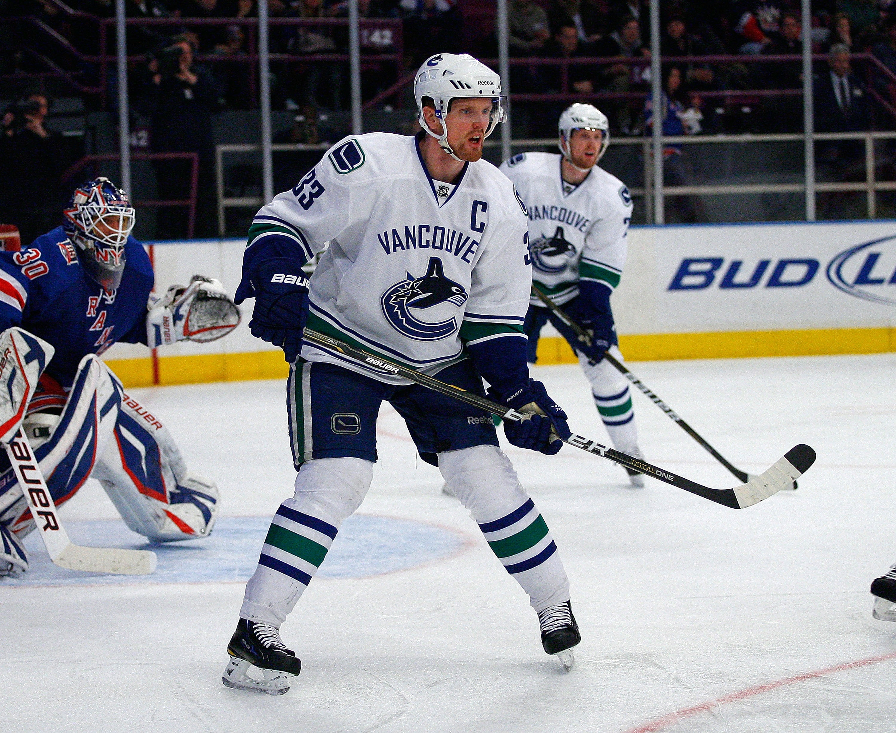NEW YORK , NY - JANUARY 13: Henrik Sedin #33 of the Vancouver Canucks skates  against the New York Rangers during the game at Madison Square Garden on January 13, 2011 in New York City. (Photo by Andy Marlin/Getty Images)