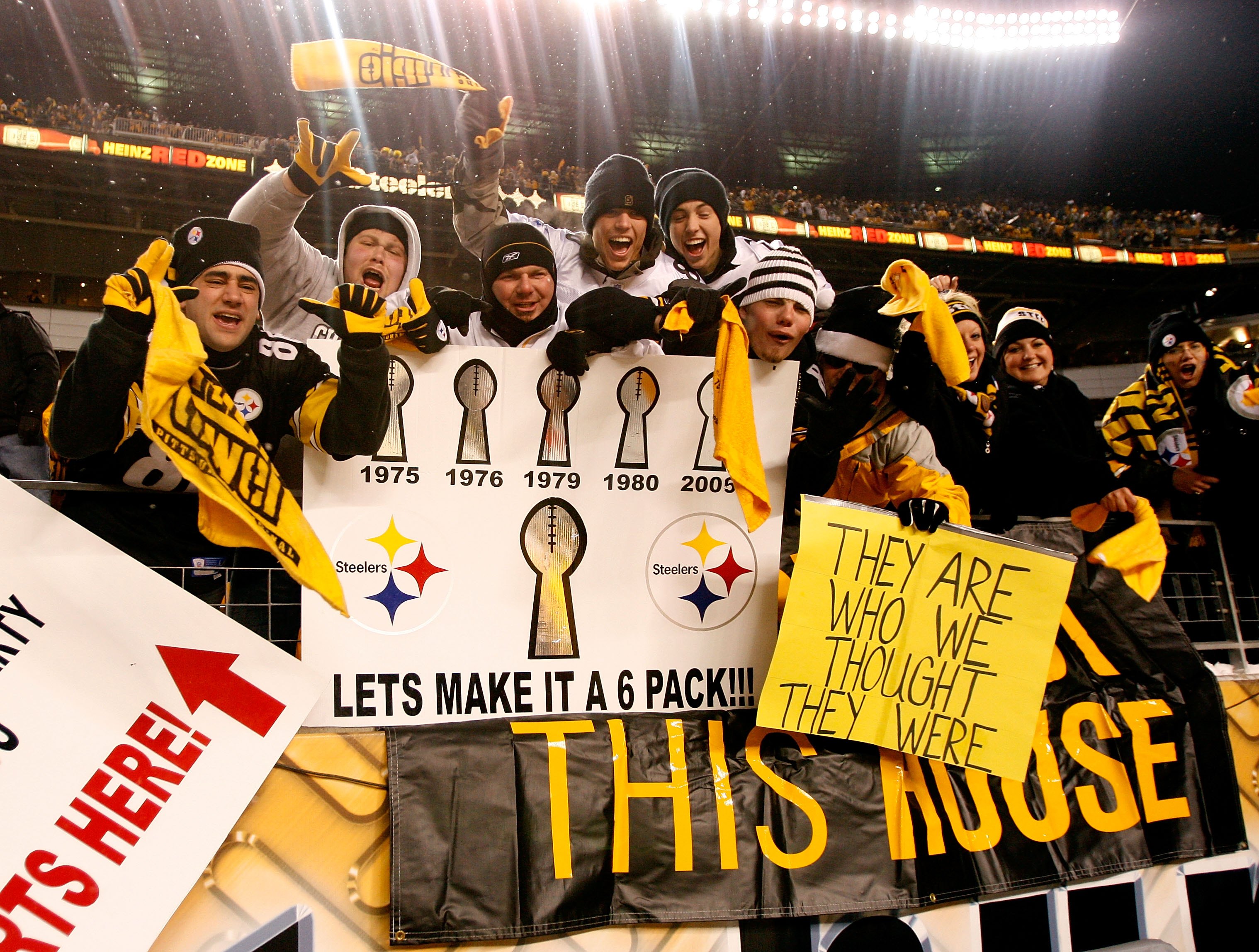 PITTSBURGH - JANUARY 18:  Fans of the Pittsburgh Steelers hold up signs in support of the Steelers after they won 23-14 against the Baltimore Ravens during the AFC Championship game on January 18, 2009 at Heinz Field in Pittsburgh, Pennsylvania.  (Photo b