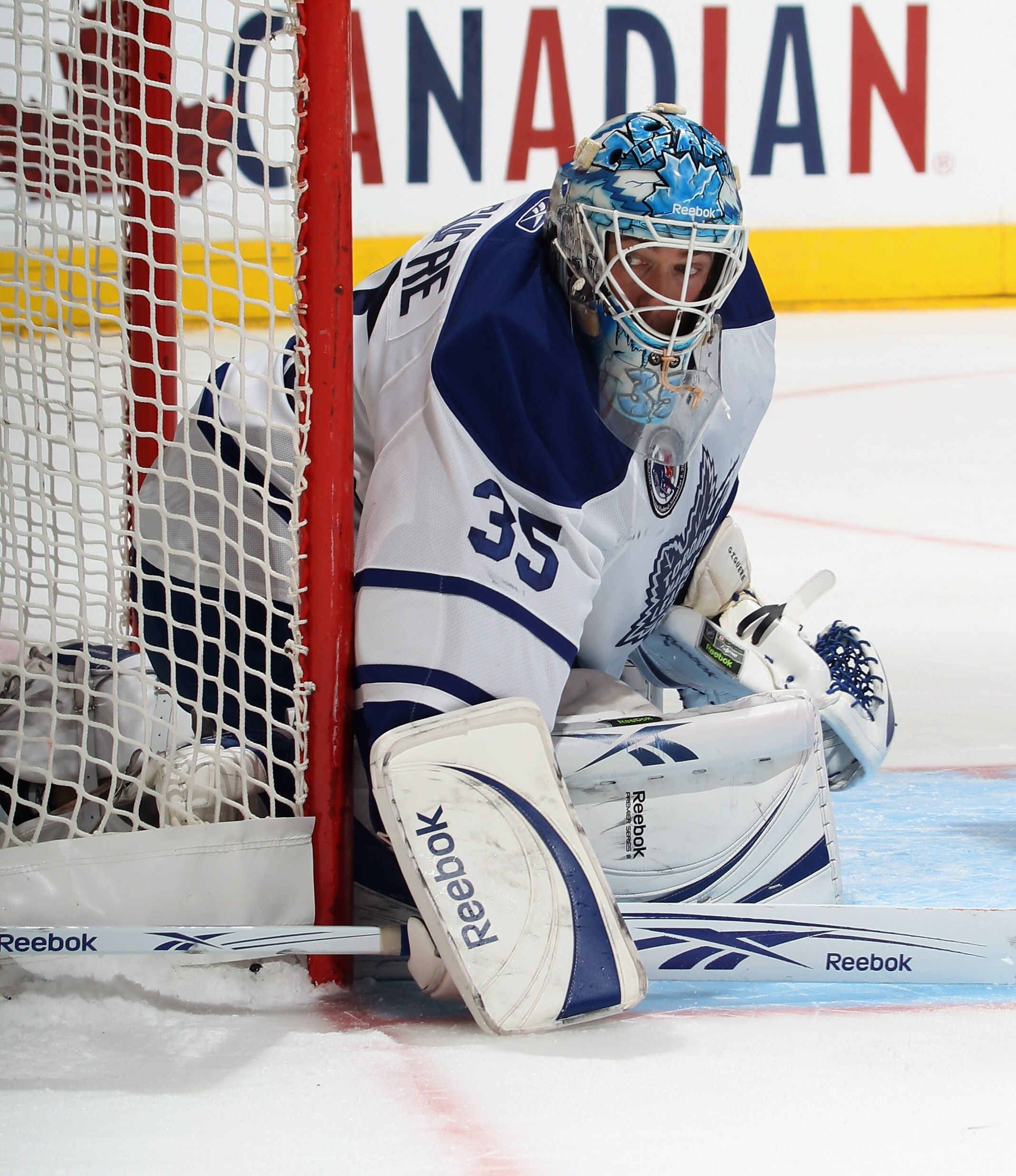 TORONTO, ON - NOVEMBER 06:  Jean-Sebastien Gigure #35 of the Toronto Maple Leafs tends net against the Buffalo Sabres at the Air Canada Centre on November 6, 2010 in Toronto, Canada.  (Photo by Bruce Bennett/Getty Images)