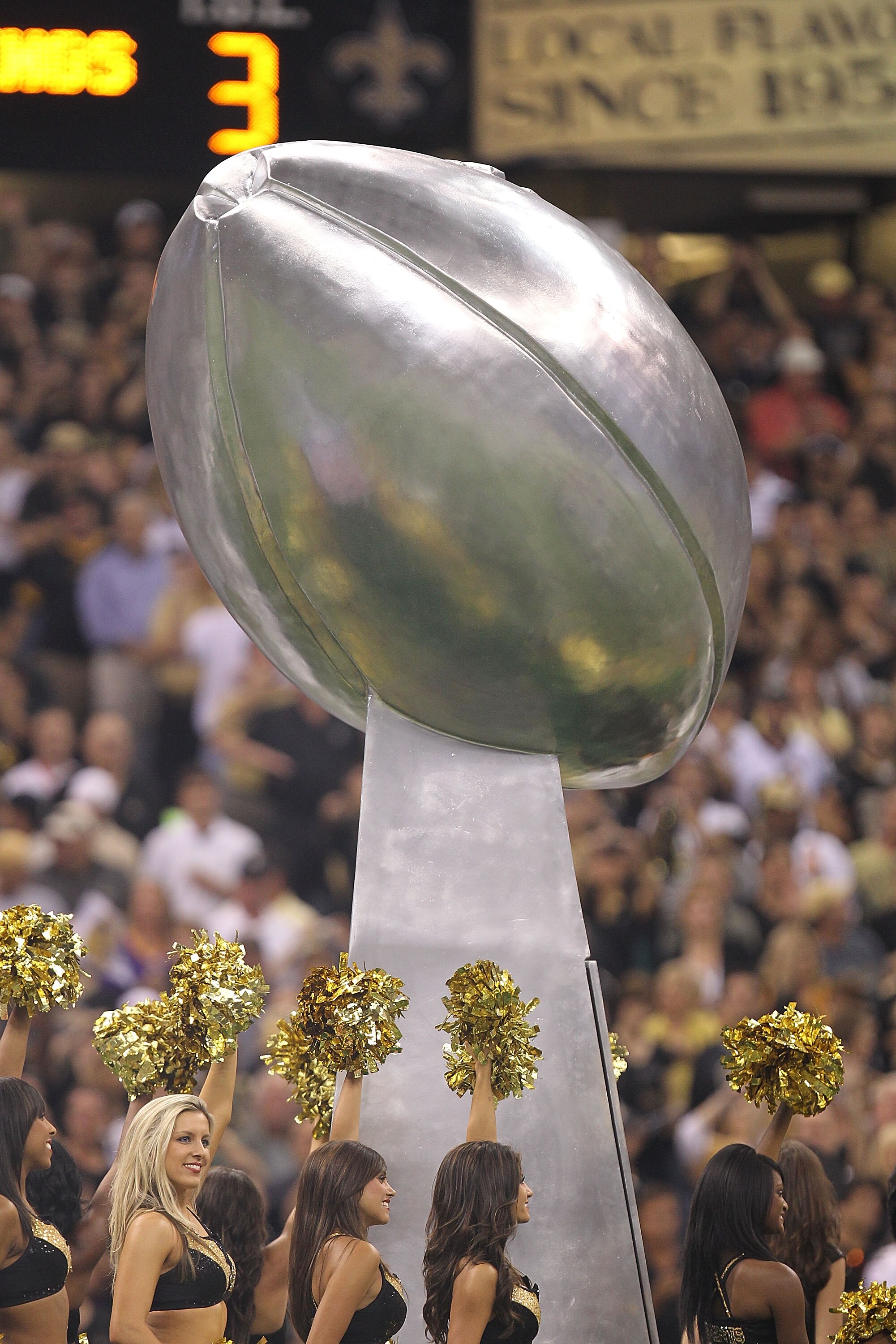NEW ORLEANS - SEPTEMBER 09:  A replica of the Vince Lombardi trophy at Louisiana Superdome on September 9, 2010 in New Orleans, Louisiana.  (Photo by Ronald Martinez/Getty Images)
