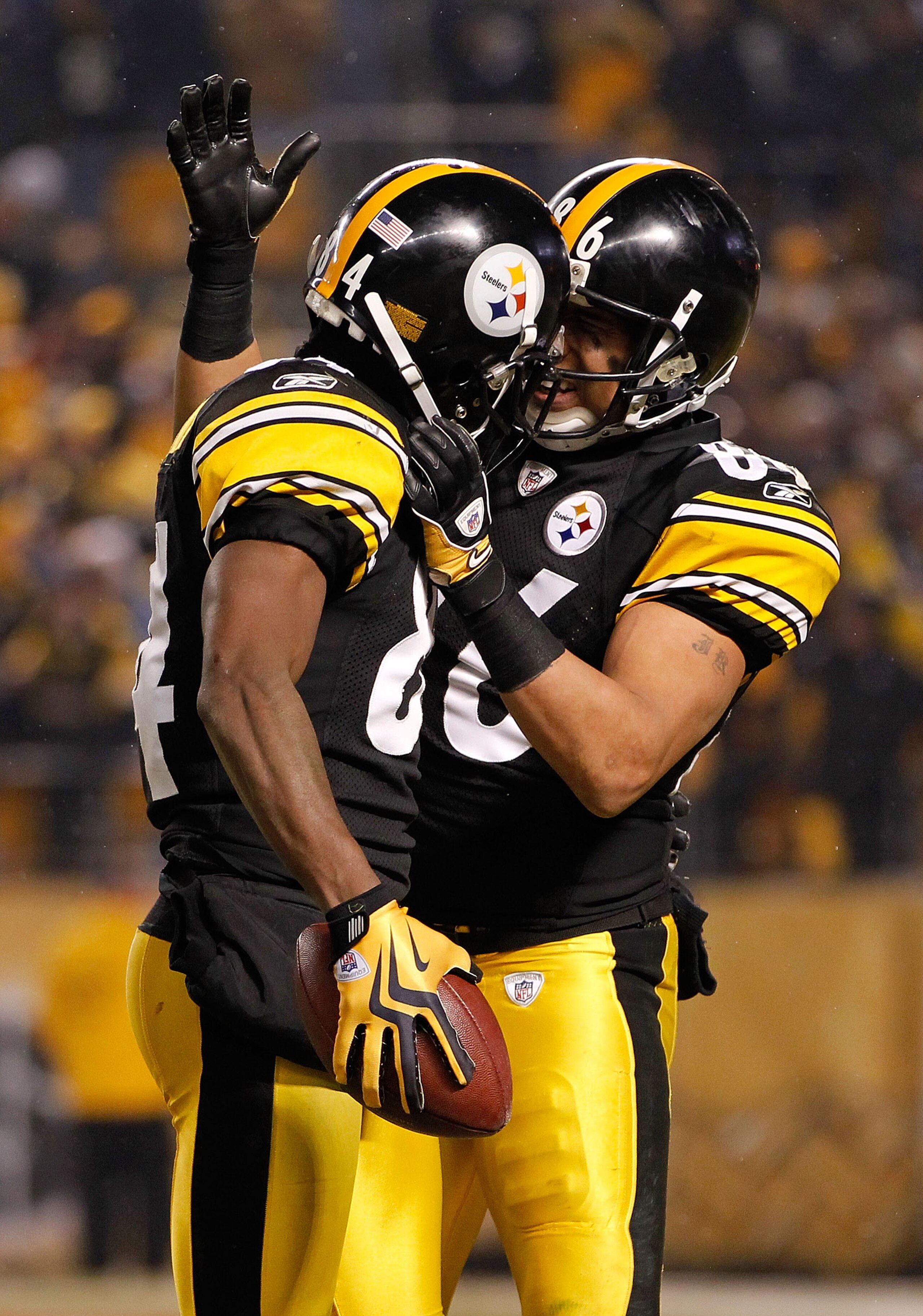 PITTSBURGH, PA - JANUARY 15:  Wide receivers Antonio Brown #84 and Hines Ward #86 of the Pittsburgh Steelers react after a play against the Baltimore Ravens in the AFC Divisional Playoff Game at Heinz Field on January 15, 2011 in Pittsburgh, Pennsylvania.