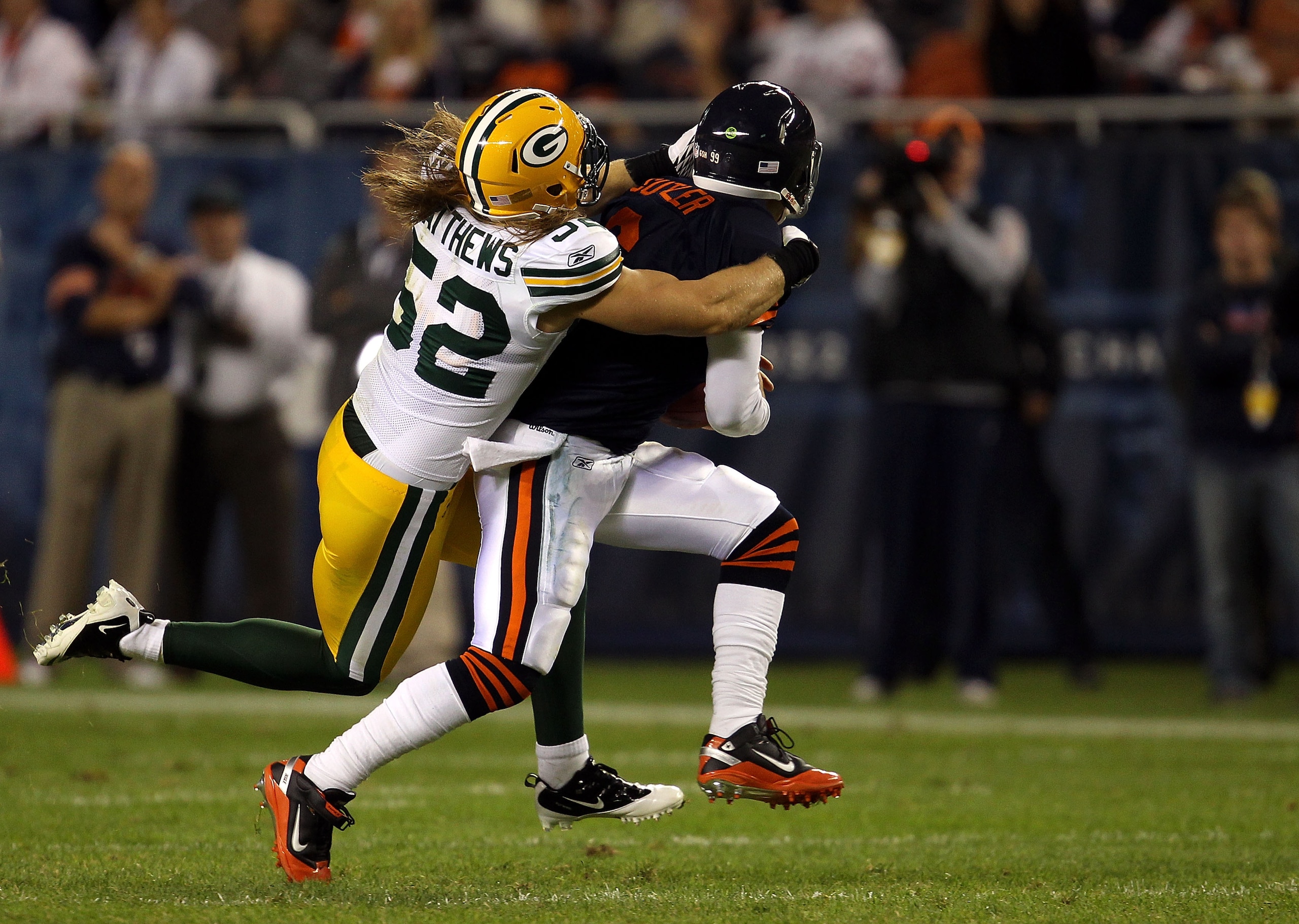 CHICAGO - SEPTEMBER 27: Clay Matthews #52 of the Green Bay Packers is called for a facemask as he pulls down Jay Cutler #6 of the Chicago Bears in the first quarter at Soldier Field on September 27, 2010 in Chicago, Illinois. The Bears won 20-17. (Photo CHICAGO - SEPTEMBER 27: Clay Matthews #52 of the Green Bay Packers is called for a facemask as he pulls down Jay Cutler #6 of the Chicago Bears in the first quarter at Soldier Field on September 27, 2010 in Chicago, Illinois. The Bears won 20-17. (Photo