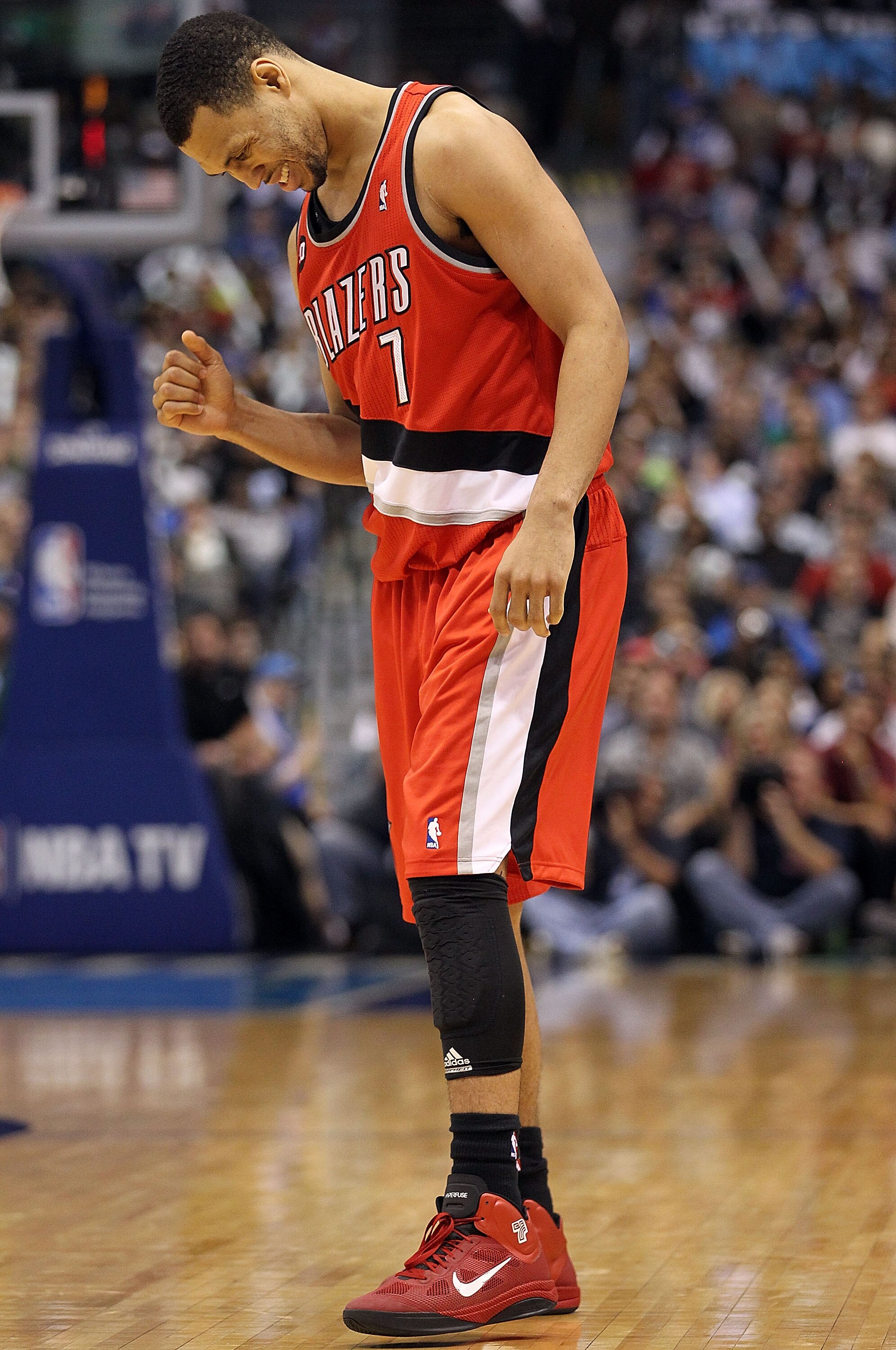 DALLAS, TX - DECEMBER 15:  Guard Brandon Roy #7 of the Portland Trail Blazers reacts at American Airlines Center on December 15, 2010 in Dallas, Texas.  NOTE TO USER: User expressly acknowledges and agrees that, by downloading and or using this photograph
