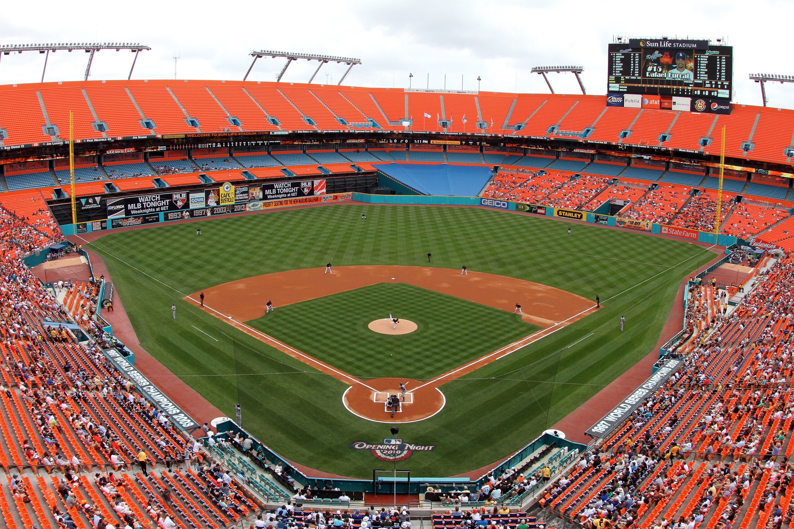 MIAMI - APRIL 11:  A view from high in the stadium in the first inning as the Los Angeles Dodgers take on the Florida Marlins at Sun Life Stadium on April 11, 2010 in Miami, Florida. The Marlins defeated the Dodgers 6-5.  (Photo by Doug Benc/Getty Images)