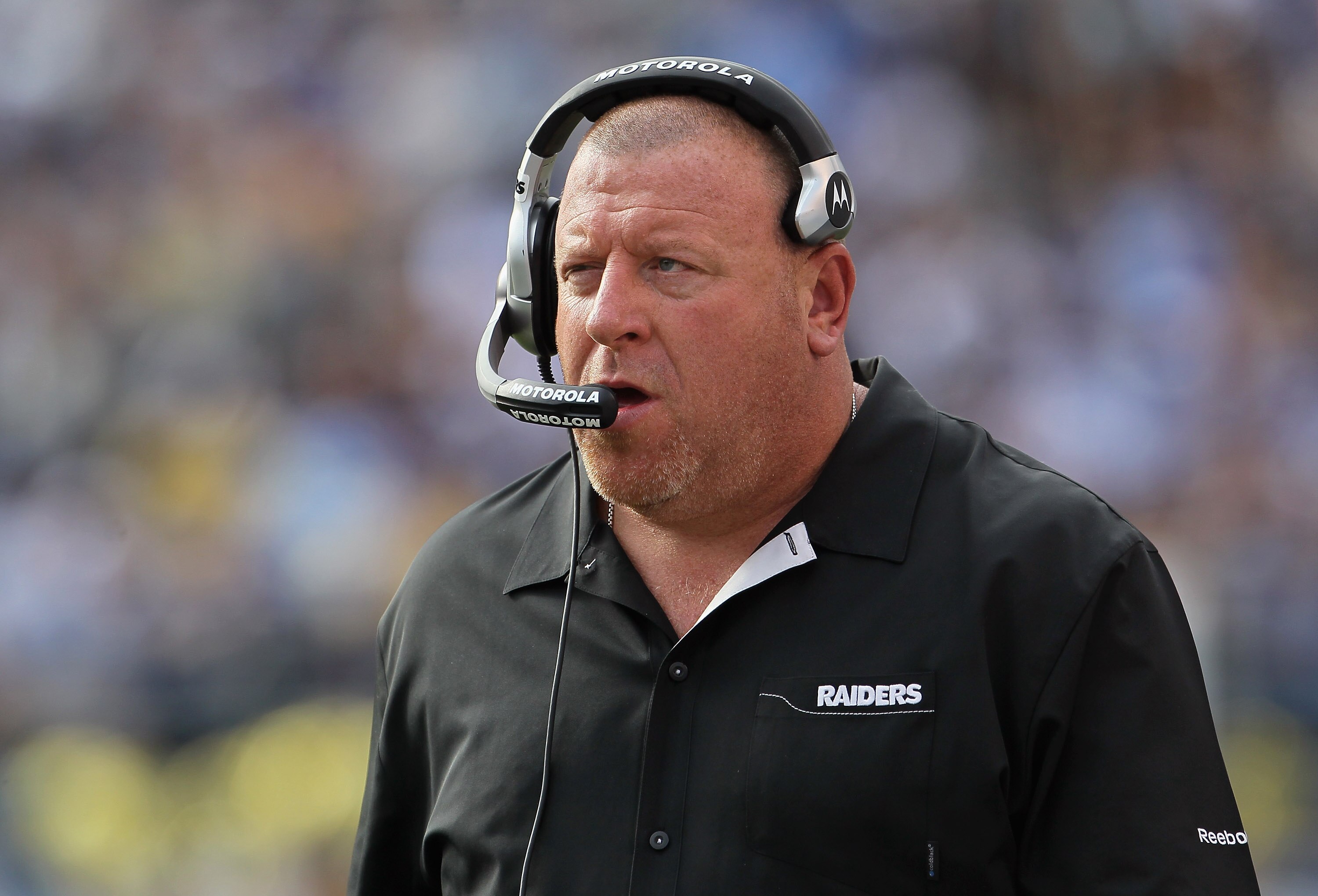 SAN DIEGO - DECEMBER 05:  Oakland Raiders head coach Tom Cable looks on from the sideline against the San Diego Chargers at Qualcomm Stadium on December 5, 2010 in San Diego, California. The Raiders defeated the Chargers 28-13.  (Photo by Jeff Gross/Getty