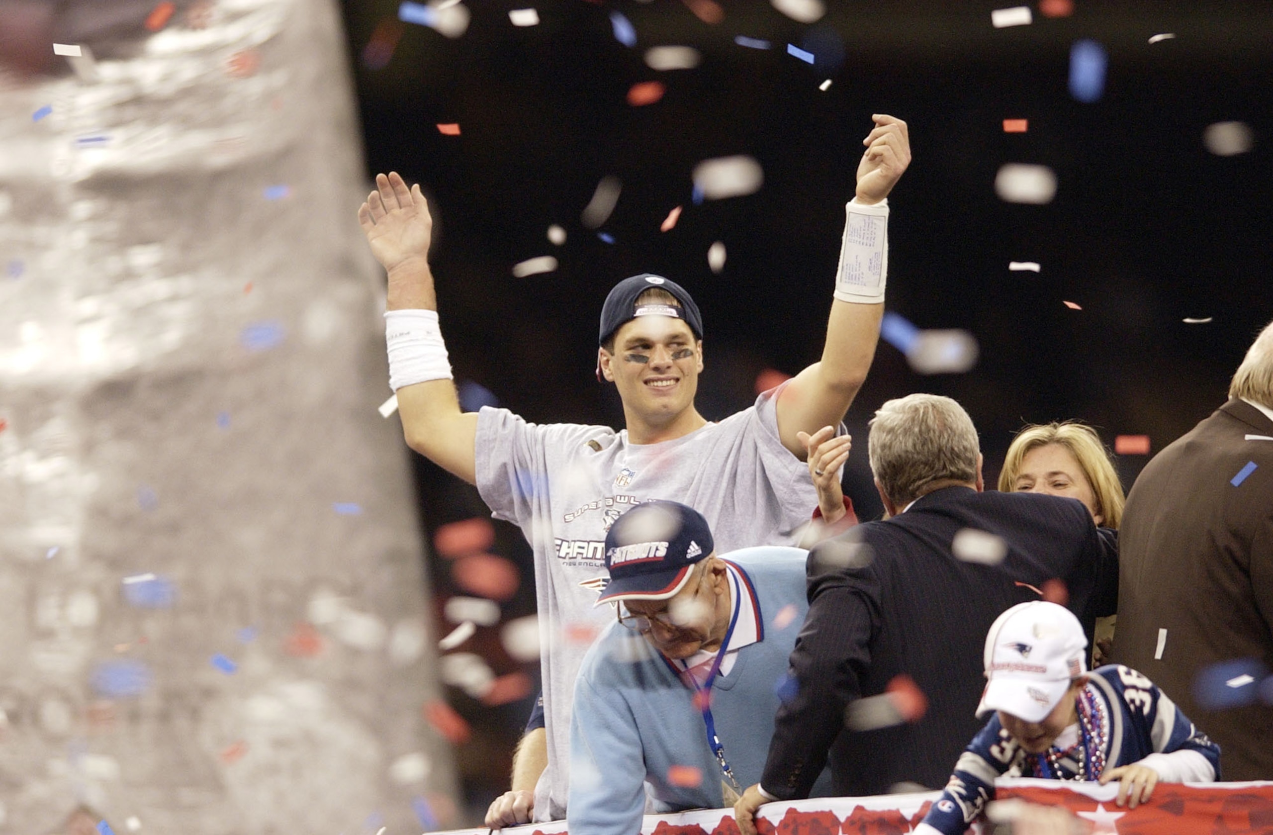 03 Feb 2002: Quarterback Tom Brady celebrates after Superbowl XXXVI at the Superdome in New Orleans, Louisiana. The Patriots won 20-17, with a 48-yard field goal by kicker Adam Vinatieri with 10 seconds left in the game . DIGITAL IMAGE. Mandatory Credi 03 Feb 2002: Quarterback Tom Brady celebrates after Superbowl XXXVI at the Superdome in New Orleans, Louisiana. The Patriots won 20-17, with a 48-yard field goal by kicker Adam Vinatieri with 10 seconds left in the game . DIGITAL IMAGE. Mandatory Credi