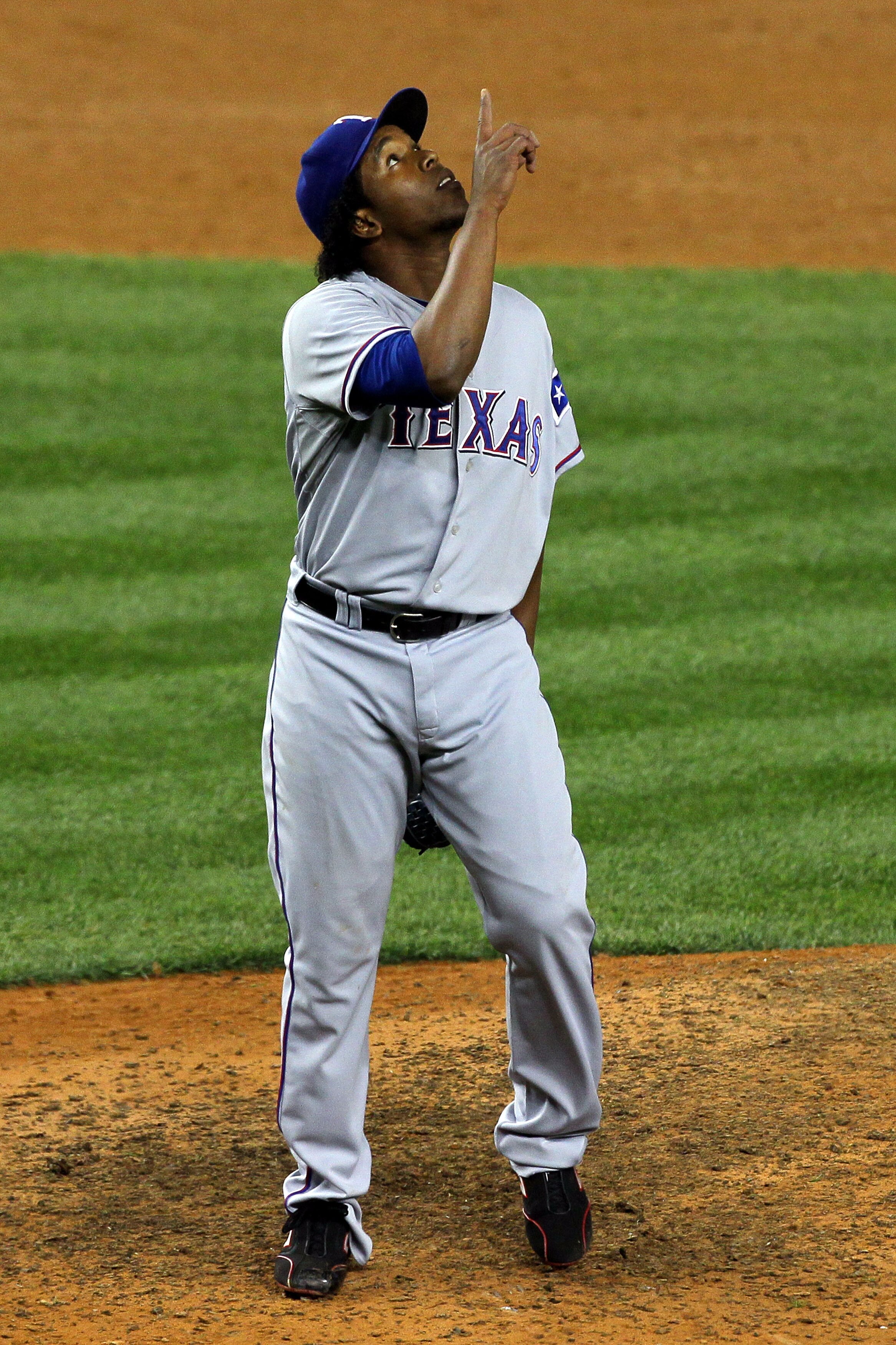 NEW YORK - OCTOBER 18:  Neftali Feliz #30 of the Texas Rangers reacts after he recorded the final out in the Rangers 8-0 win against the New York Yankees  in Game Three of the ALCS during the 2010 MLB Playoffs at Yankee Stadium on October 18, 2010 in New