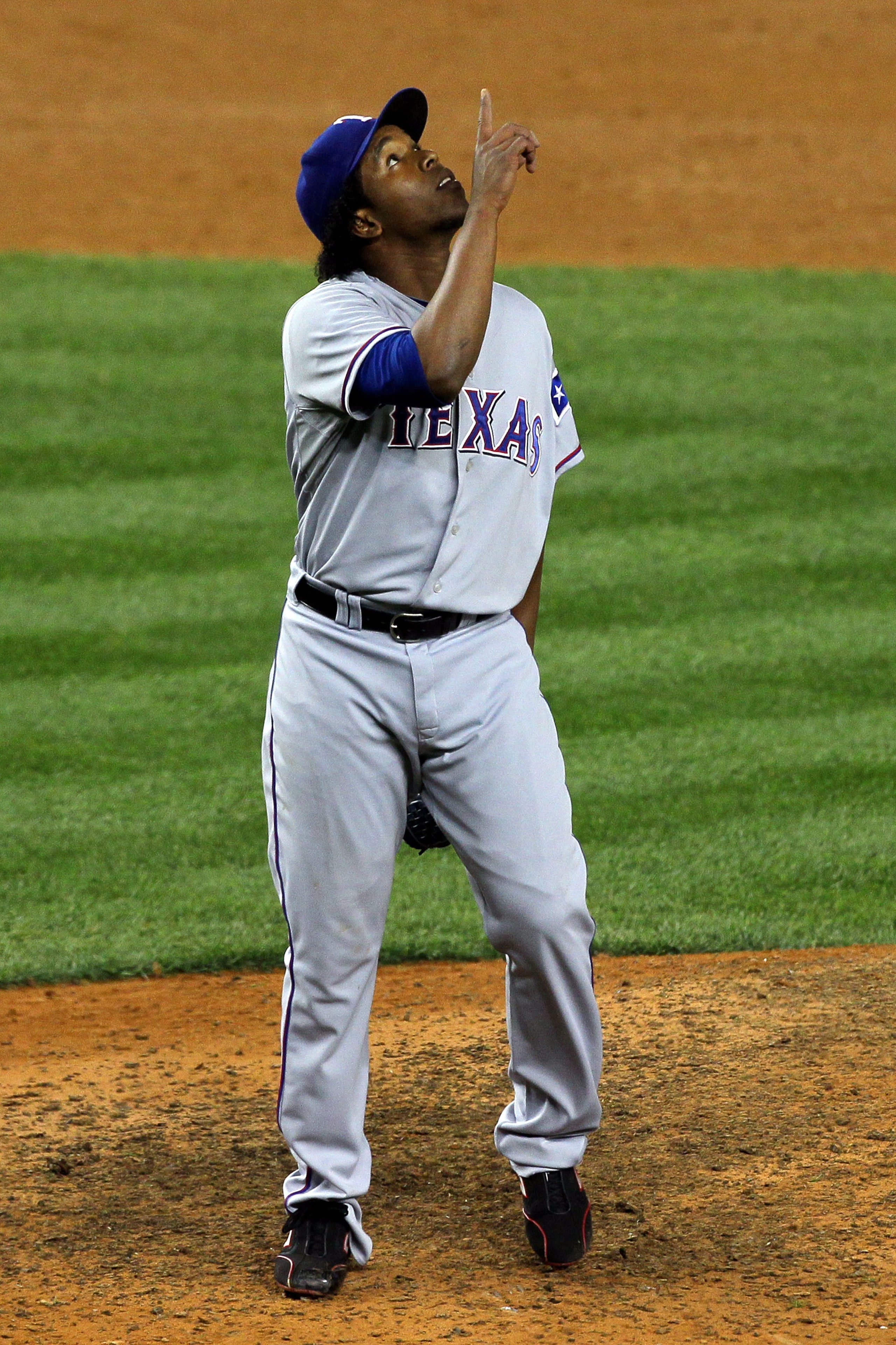 NEW YORK - OCTOBER 18:  Neftali Feliz #30 of the Texas Rangers reacts after he recorded the final out in the Rangers 8-0 win against the New York Yankees  in Game Three of the ALCS during the 2010 MLB Playoffs at Yankee Stadium on October 18, 2010 in New