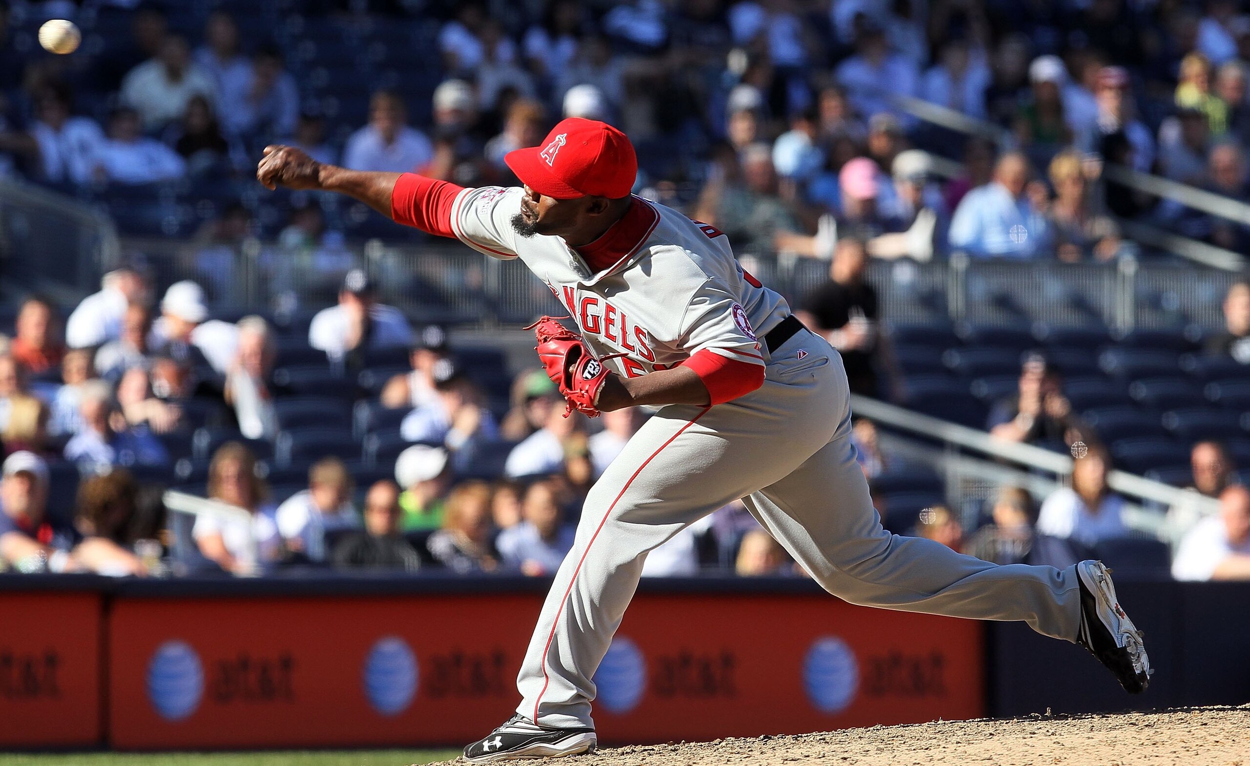 NEW YORK - APRIL 14:  Fernando Rodney #56 of the Los Angeles Angels of Anaheim deals a pitch against the New York Yankees  on April 14, 2010 at Yankee Stadium in the Bronx borough of New York City.  (Photo by Jim McIsaac/Getty Images)