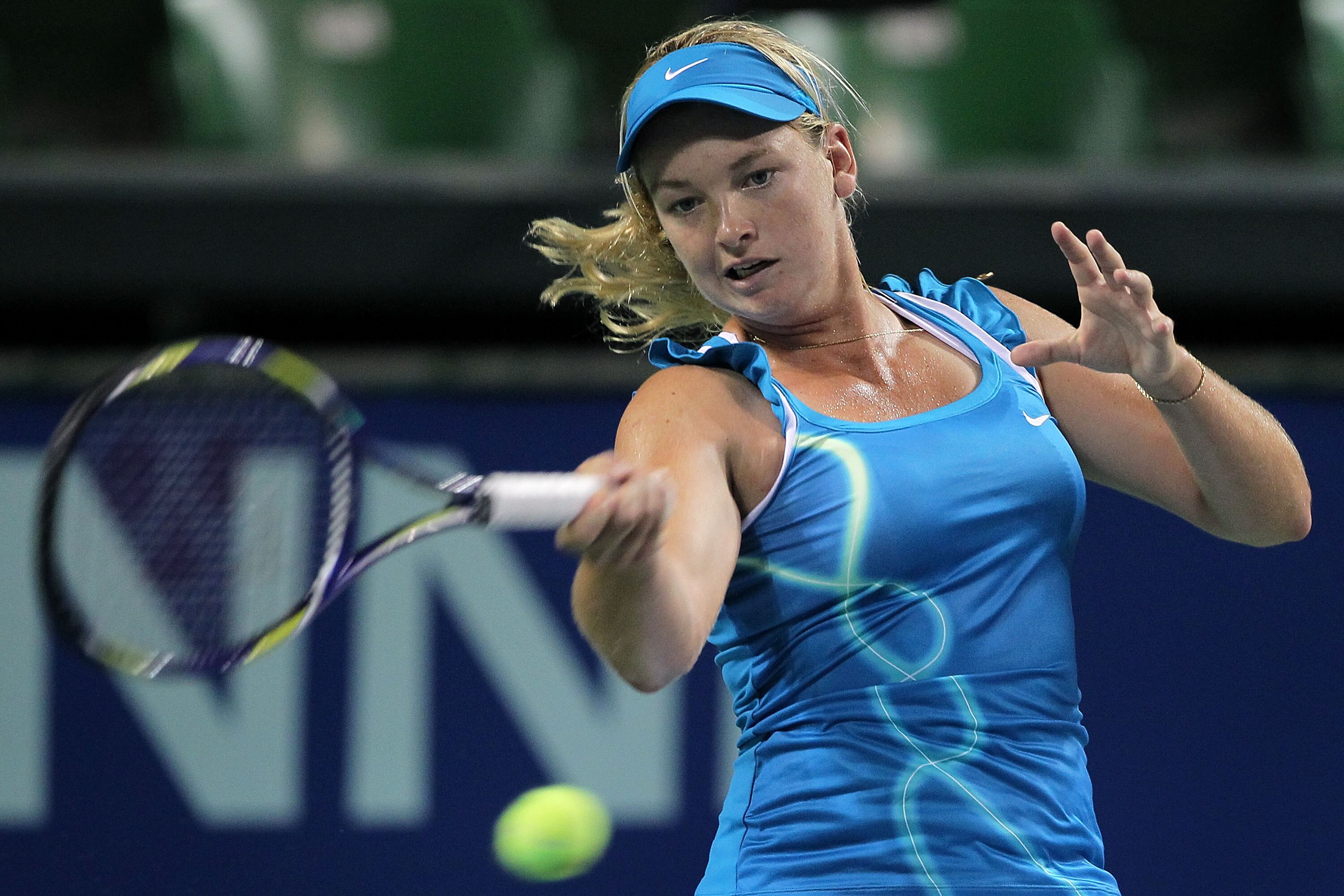 TOKYO - SEPTEMBER 30:  Coco Vandeweghe of the United States plays a forehand in her match against Victoria Azarenka of Belarus on day five of the Toray Pan Pacific Open tennis tournament at Ariake Colosseum on September 30, 2010 in Tokyo, Japan.  (Photo b