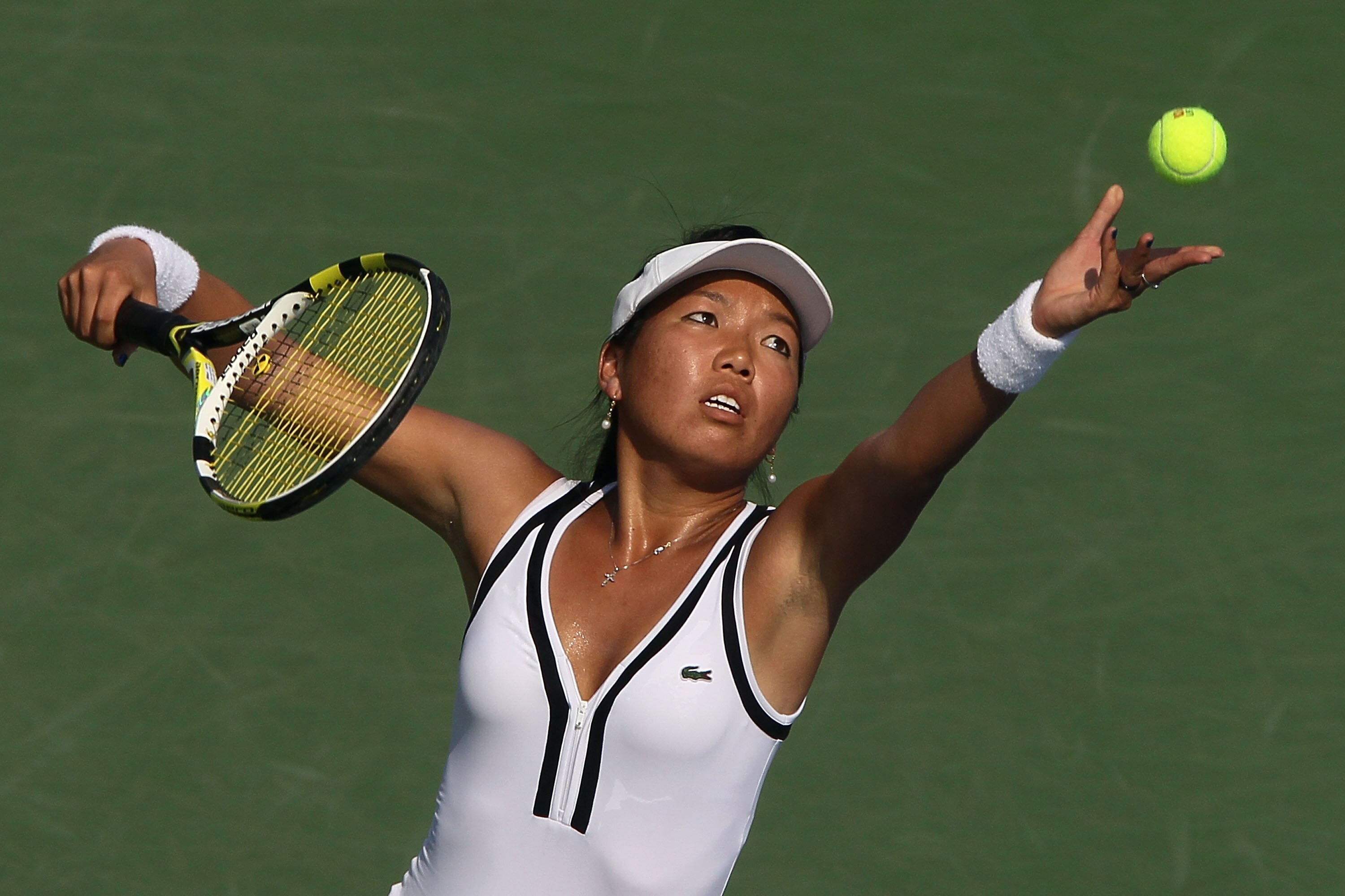 NEW YORK - SEPTEMBER 01:  Vania King of the United States serves against Daniela Hantuchova of Slovakia during her second round match on day three of the 2010 U.S. Open at the USTA Billie Jean King National Tennis Center on September 1, 2010 in the Flushi
