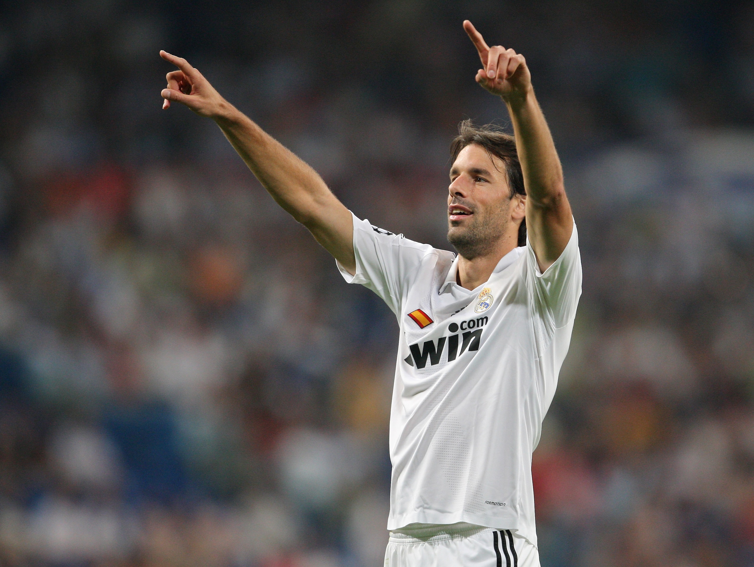MADRID, SPAIN - SEPTEMBER 17: Ruud van Nistelrooy of Real Madrid celebrates scoring the second goal during the UEFA Champions League Group H match between Real Madrid and BATE Borisov at the Santiago Bernabeu stadium on September 17, 2008 in Madrid, Spai MADRID, SPAIN - SEPTEMBER 17: Ruud van Nistelrooy of Real Madrid celebrates scoring the second goal during the UEFA Champions League Group H match between Real Madrid and BATE Borisov at the Santiago Bernabeu stadium on September 17, 2008 in Madrid, Spai