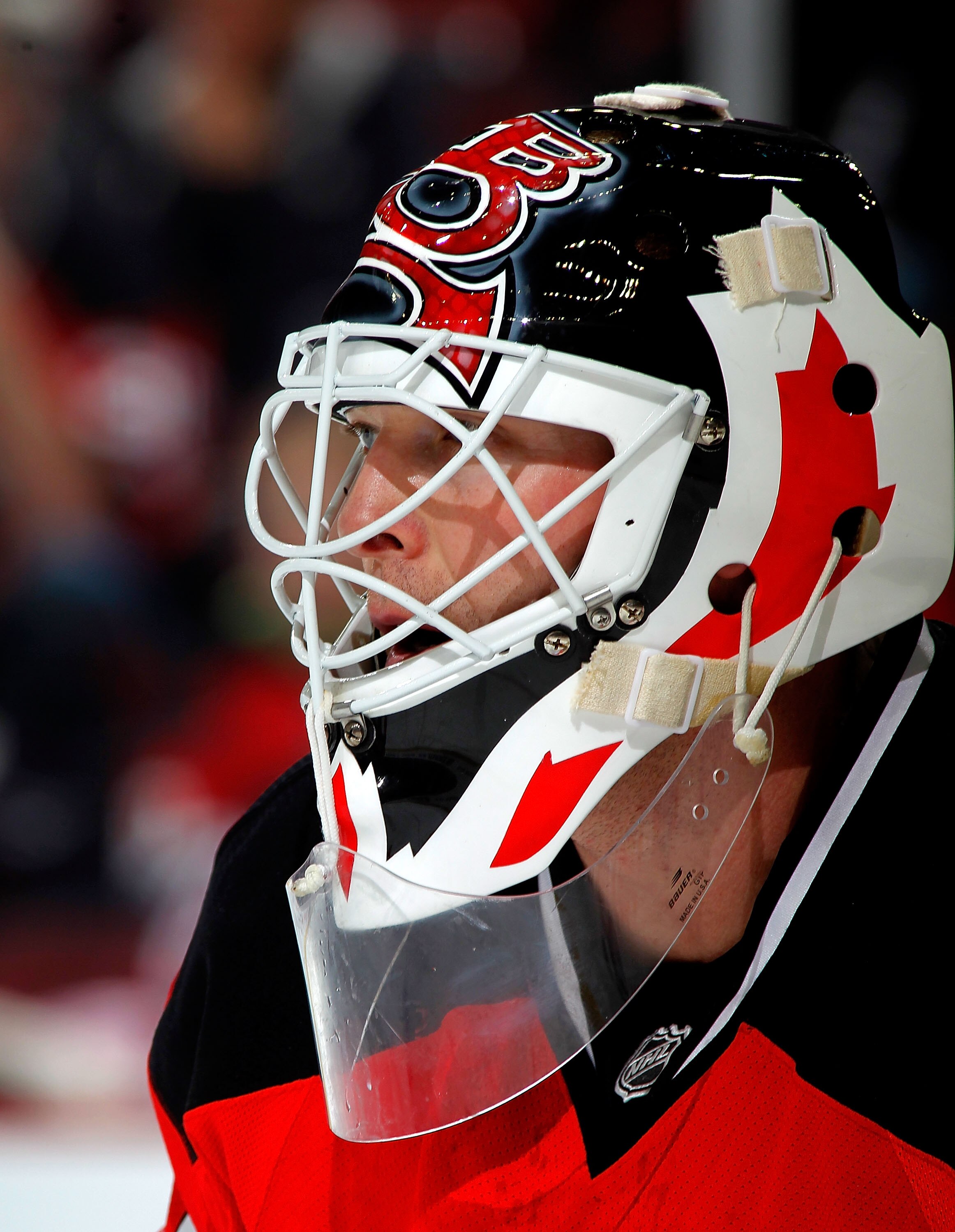 NEWARK, NJ - JANUARY 09:  Goalie Martin Brodeur #30 of the New Jersey Devils awaits a faceoff during an NHL hockey game against the Tampa Bay Lightning at the Prudential Center on January 9, 2011 in Newark, New Jersey.  (Photo by Paul Bereswill/Getty Imag