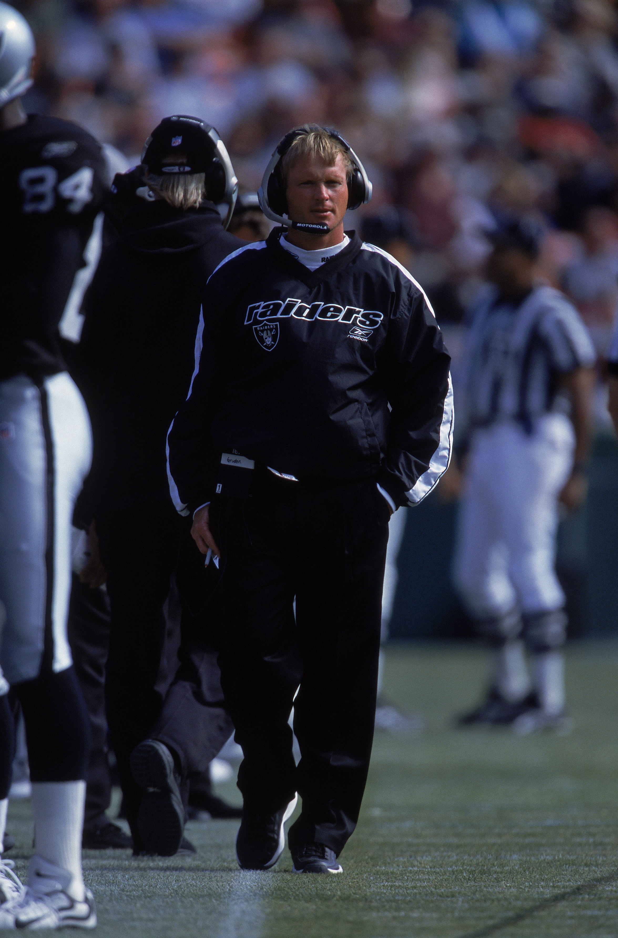 19 Aug 2001:  Head Coach Jon Gruden of the Oakland Raiders standing on the sidelines watching the action during the Pre-Season game against the San Francisco 49ers at 3Comm Park in San Francisco, California. The 49ers defeated the Raiders 20-17. Mandatory