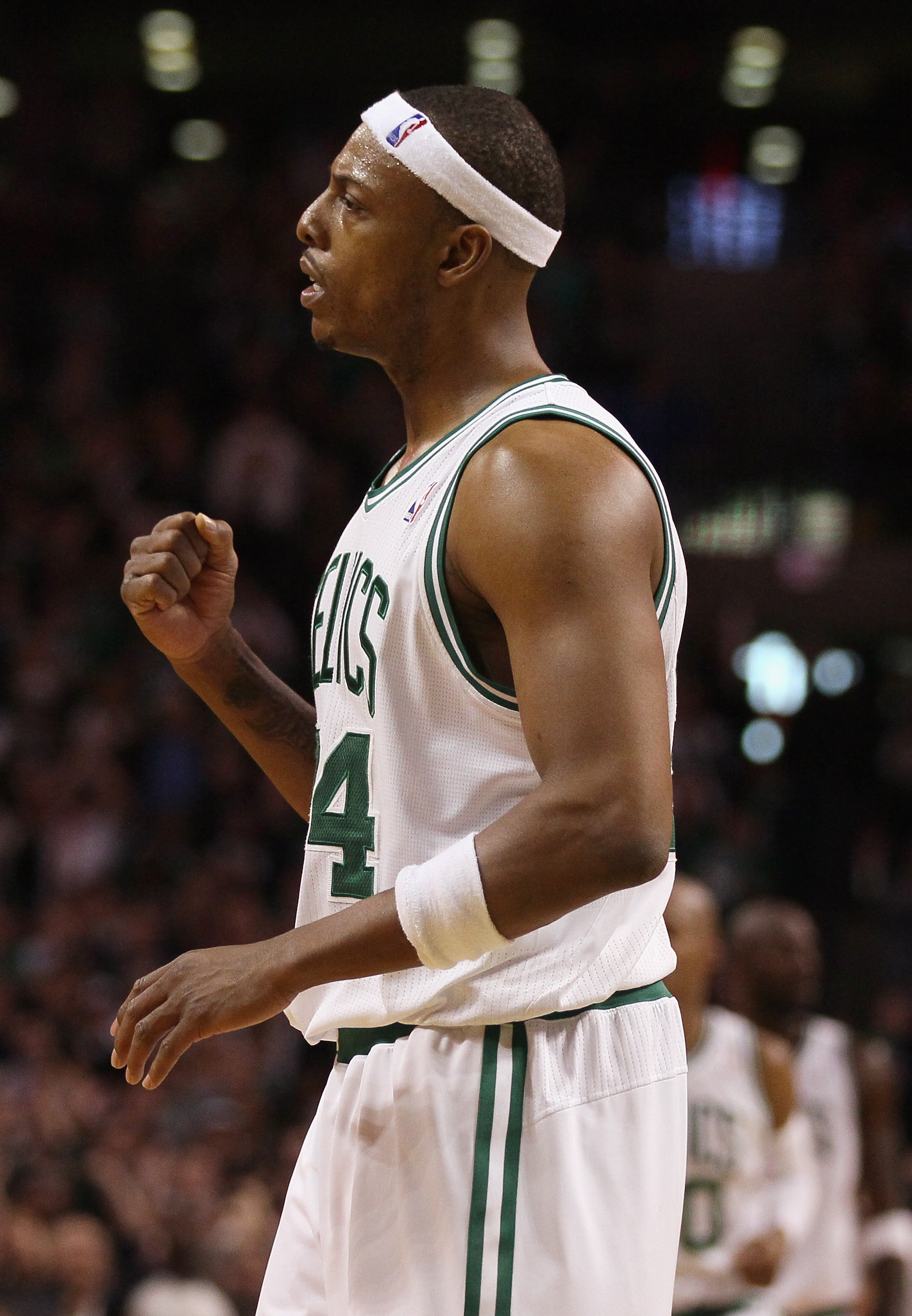 BOSTON, MA - JANUARY 17:  Paul Pierce #34 of the Boston Celtics celebrates in the final seconds of the game against the Orlando Magic on January 17, 2011 at the TD Garden in Boston, Massachusetts. The Celtics defeated the Magic 109-106.  NOTE TO USER: Use