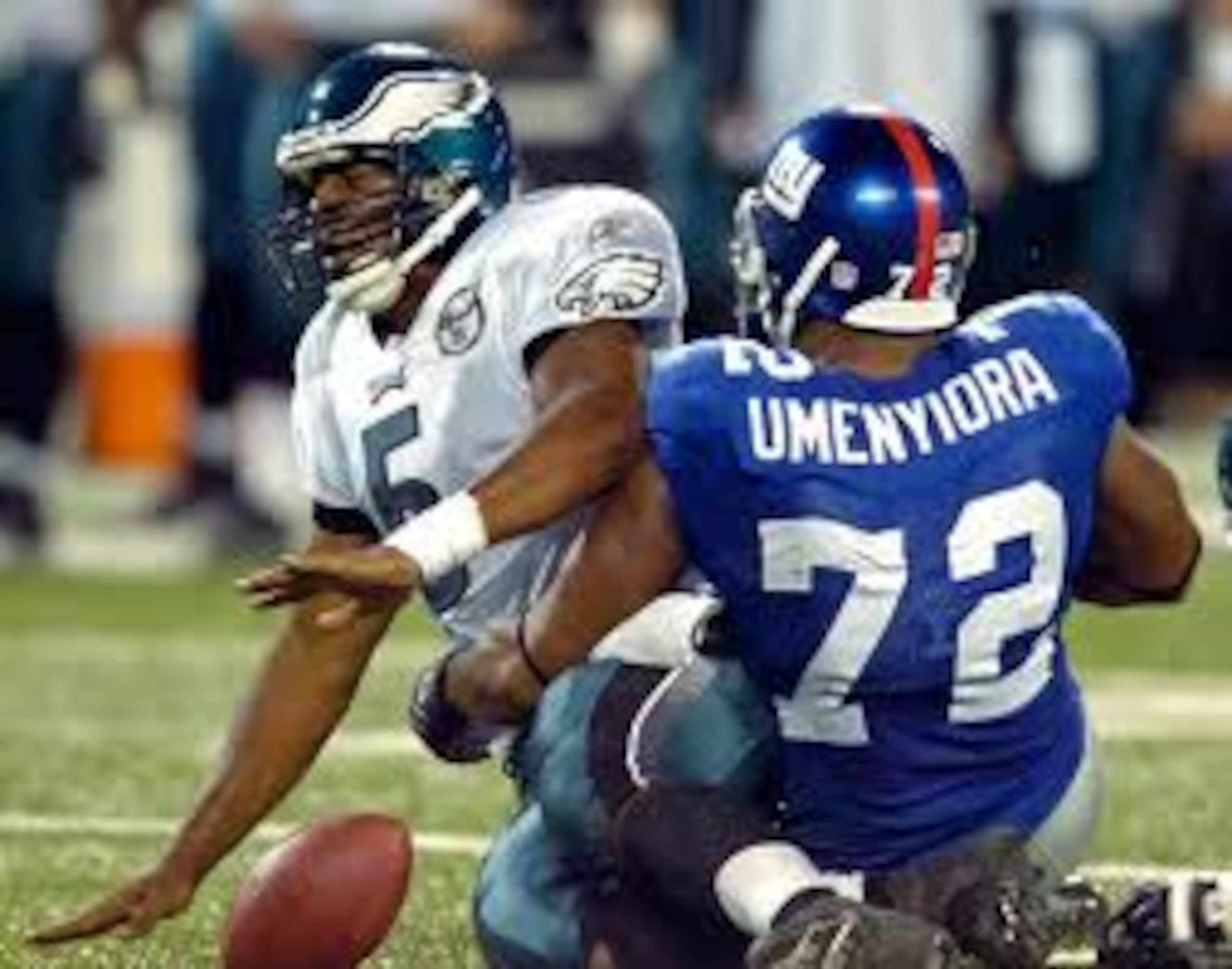 The Eagles decided not to use a left tackle for the game, resulting in an unprecedented six sacks for Osi Umenyiora.