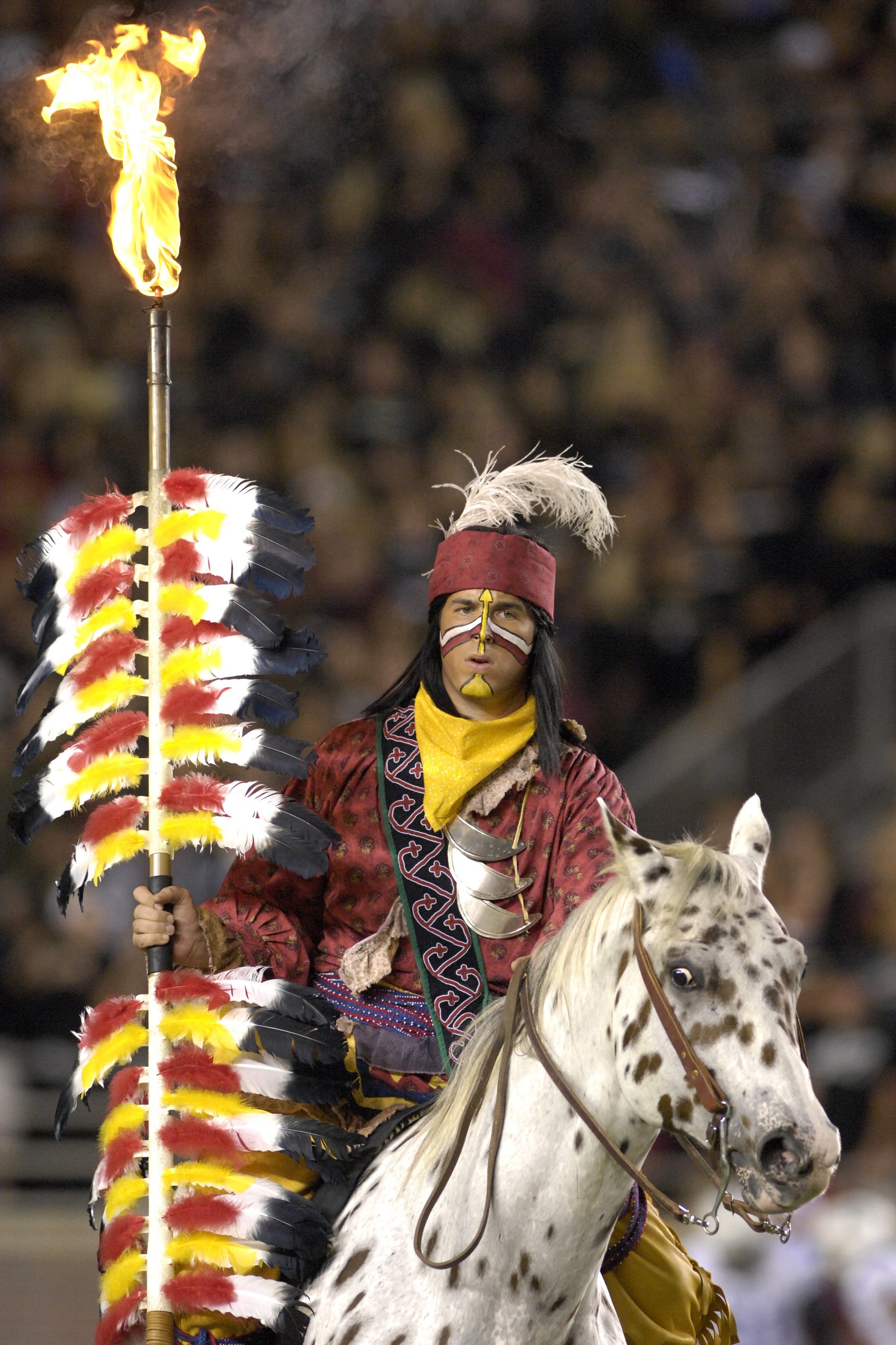 TALLAHASSEE, FL - OCTOBER 27: The mascot of the Florida State Seminoles carries a ligthted spear before play against the Duke Blue Devils at Doak Campbell Stadium on October 27, 2007 in Tallahassee, Florida.  FSU won 25-6. (Photo by Al Messerschmidt/Getty