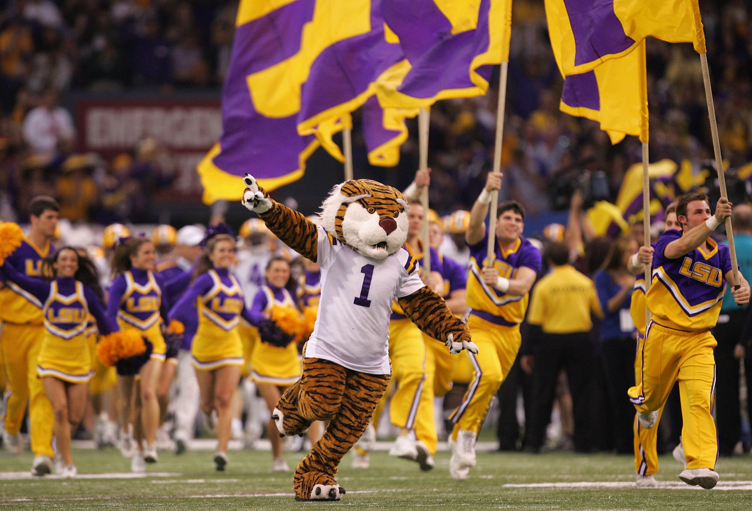 NEW ORLEANS - JANUARY 07:  The Louisiana State University Tiger runs on the field before the Tigers take on the Ohio State Buckeyes during the AllState BCS National Championship on January 7, 2008 at the Louisiana Superdome in New Orleans, Louisiana.  (Ph
