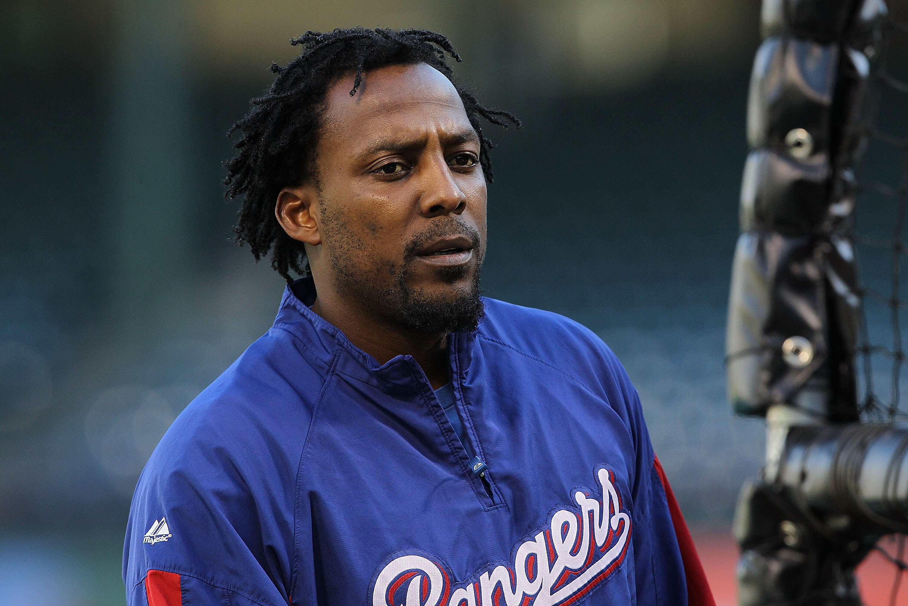 ARLINGTON, TX - OCTOBER 29:  Vladimir Guerrero #27 of the Texas Rangers during a team workout for the 2010 World Series at Rangers Ballpark in Arlington on October 29, 2010 in Arlington, Texas.  (Photo by Ronald Martinez/Getty Images)
