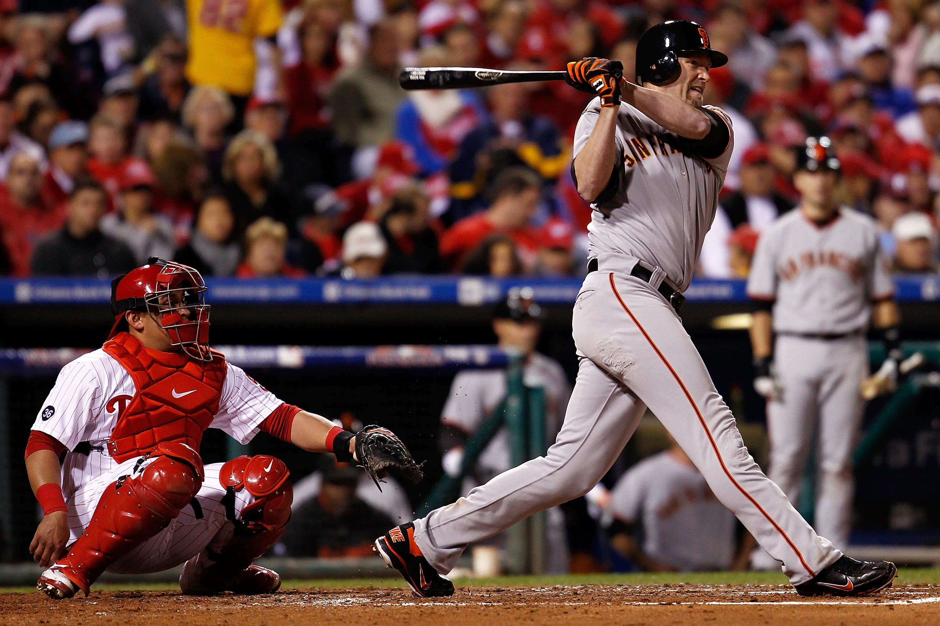 PHILADELPHIA - OCTOBER 16:  Aubrey Huff #17 of the San Francisco Giants at bat against the Philadelphia Phillies in Game One of the NLCS during the 2010 MLB Playoffs at Citizens Bank Park on October 16, 2010 in Philadelphia, Pennsylvania.  (Photo by Jeff