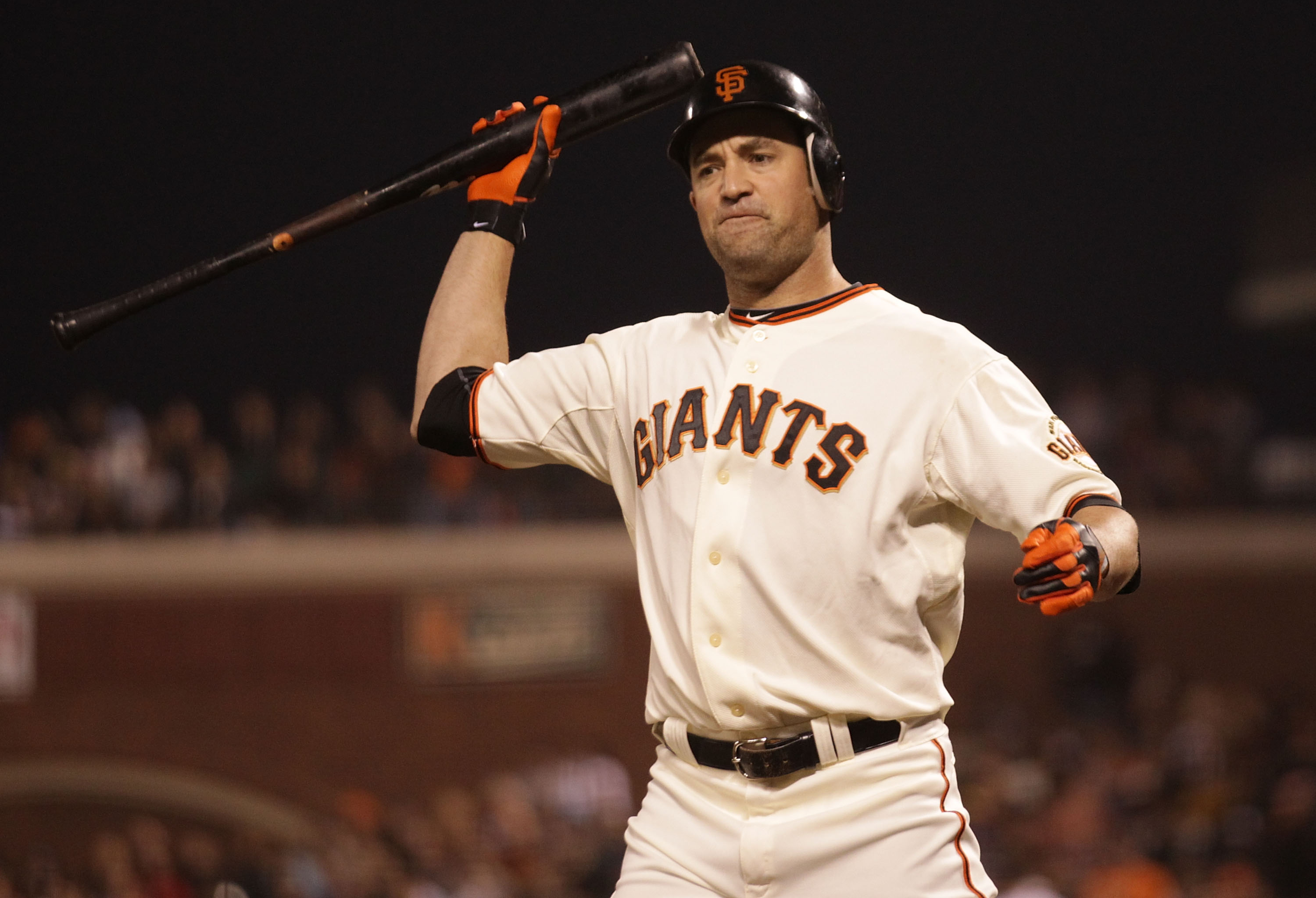 SAN FRANCISCO - SEPTEMBER 16:  Pat Burrell #9 of the San Francisco Giants strikes out in the first inning against the Los Angeles Dodgers during a Major League Baseball game at AT&T Park on September 16, 2010 in San Francisco, California. (Photo by Jed Ja