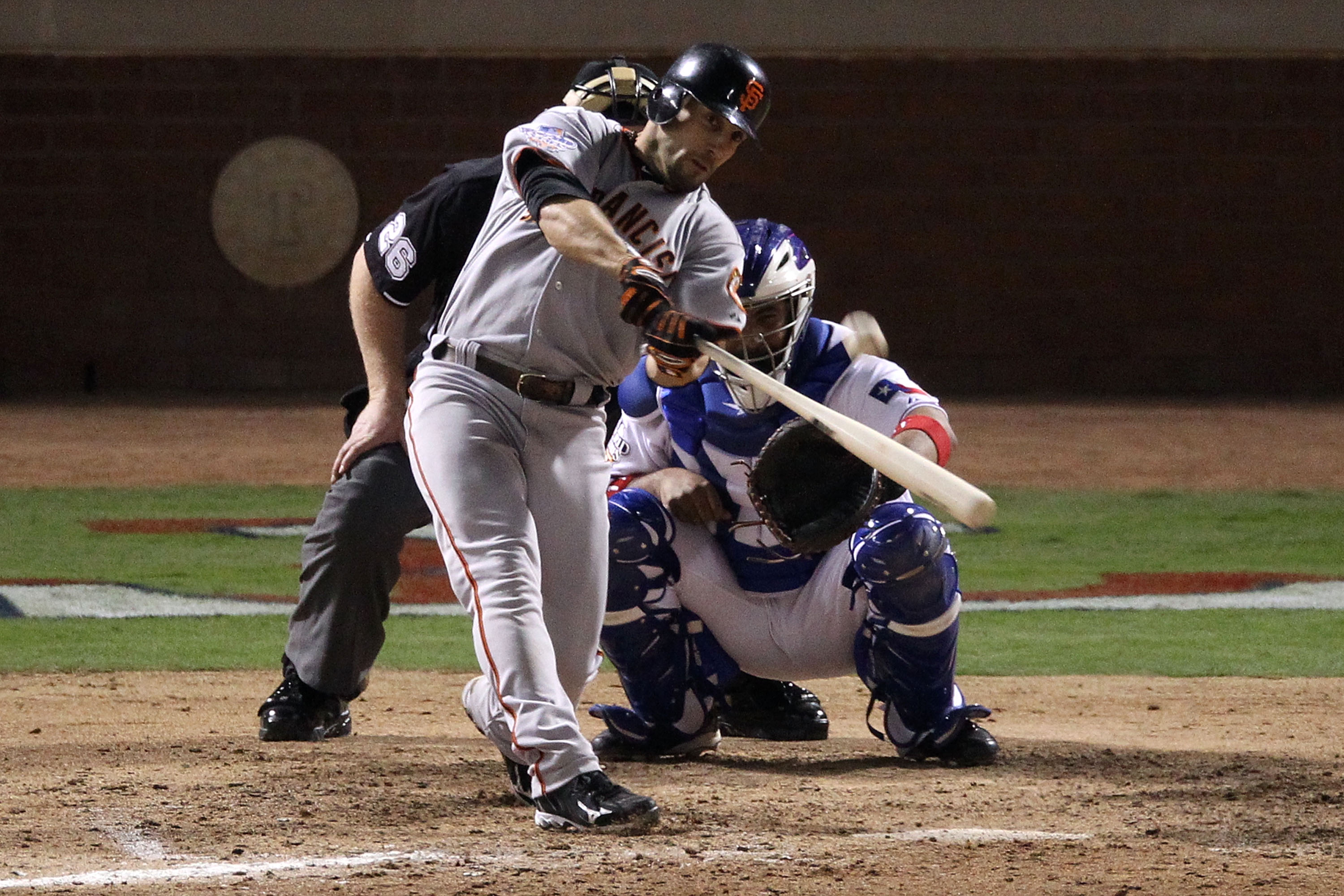 ARLINGTON, TX - OCTOBER 30:  Andres Torres #56 of the San Francisco Giants hits a solo home run in the eighth inning against the Texas Rangers in Game Three of the 2010 MLB World Series at Rangers Ballpark in Arlington on October 30, 2010 in Arlington, Te