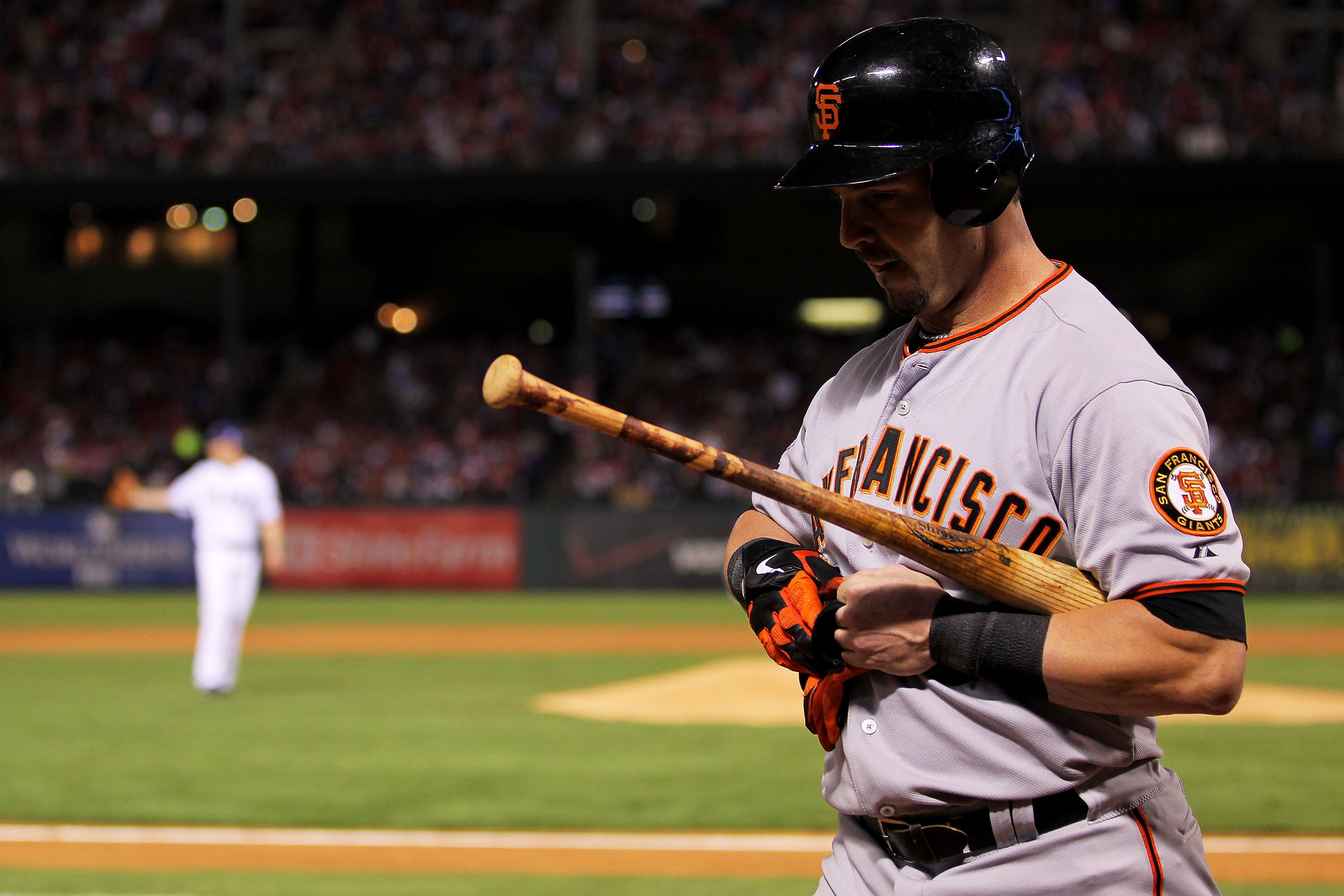 ARLINGTON, TX - NOVEMBER 01:  Aaron Rowand #33 of the San Francisco Giants walks to the dugout after striking out in the sixth inning of Game Five of the 2010 MLB World Series at Rangers Ballpark in Arlington on November 1, 2010 in Arlington, Texas.  (Pho
