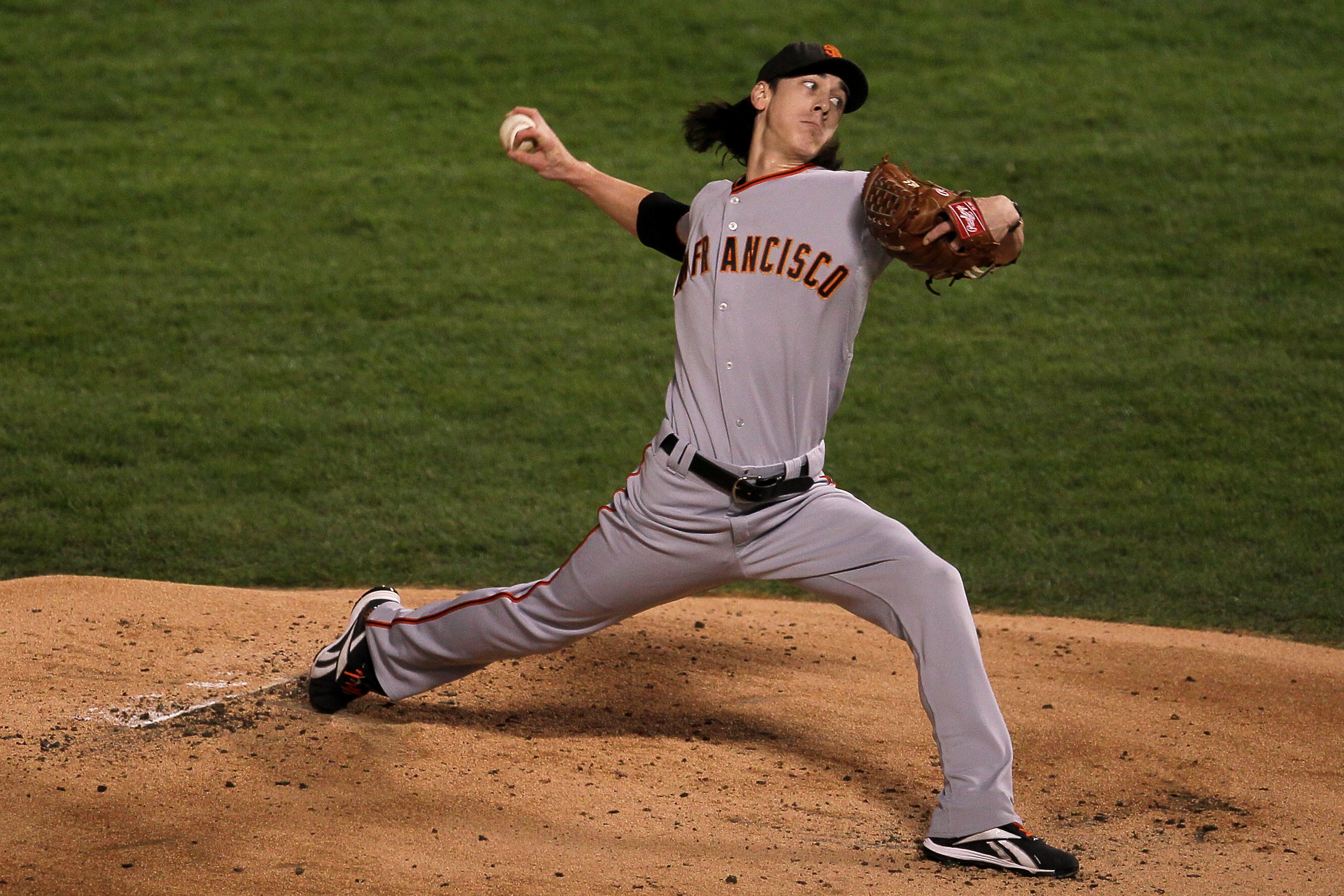 ARLINGTON, TX - NOVEMBER 01:  Starting pitcher Tim Lincecum #55 of the San Francisco Giants pitches against the Texas Rangers in Game Five of the 2010 MLB World Series at Rangers Ballpark in Arlington on November 1, 2010 in Arlington, Texas.  (Photo by St