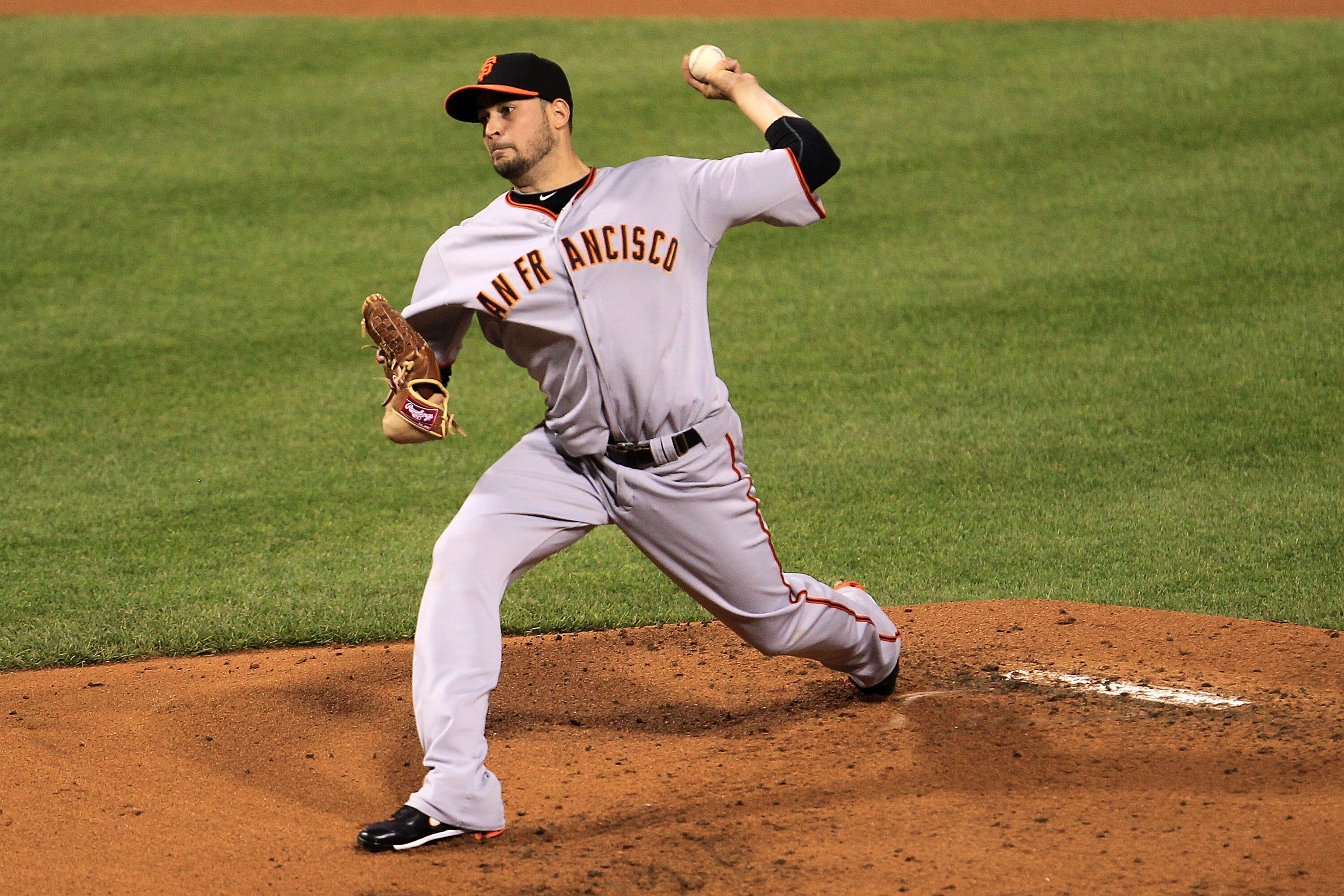 PHILADELPHIA - OCTOBER 17:  Jonathan Sanchez #57 of the San Francisco Giants pitches in the first inning against the Philadelphia Phillies in Game Two of the NLCS during the 2010 MLB Playoffs at Citizens Bank Park on October 17, 2010 in Philadelphia, Penn