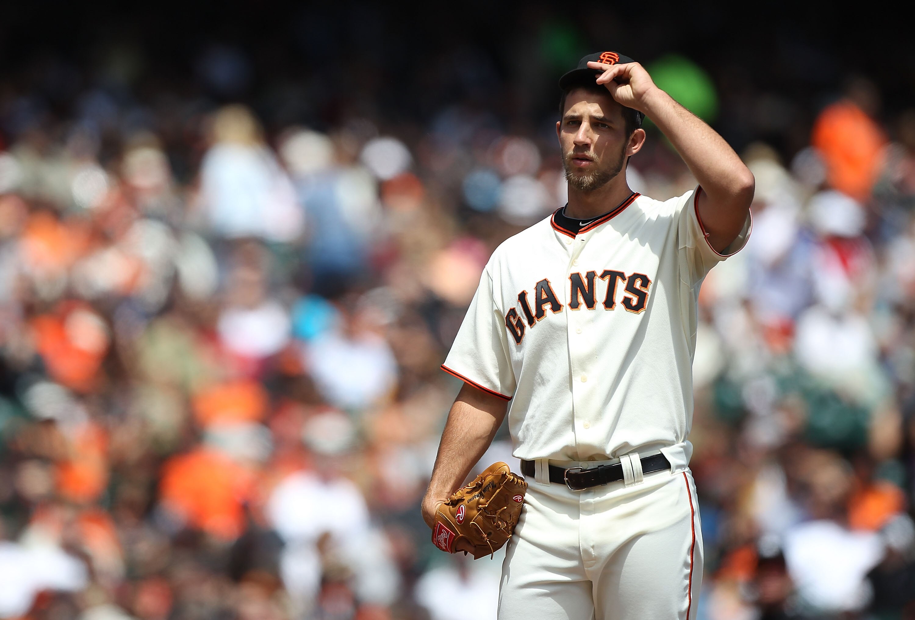 SAN FRANCISCO - AUGUST 14:  Madison Bumgarner #40 of the San Francisco Giants looks on against the San Diego Padres during an MLB game at AT&T Park on August 14, 2010 in San Francisco, California. (Photo by Jed Jacobsohn/Getty Images)