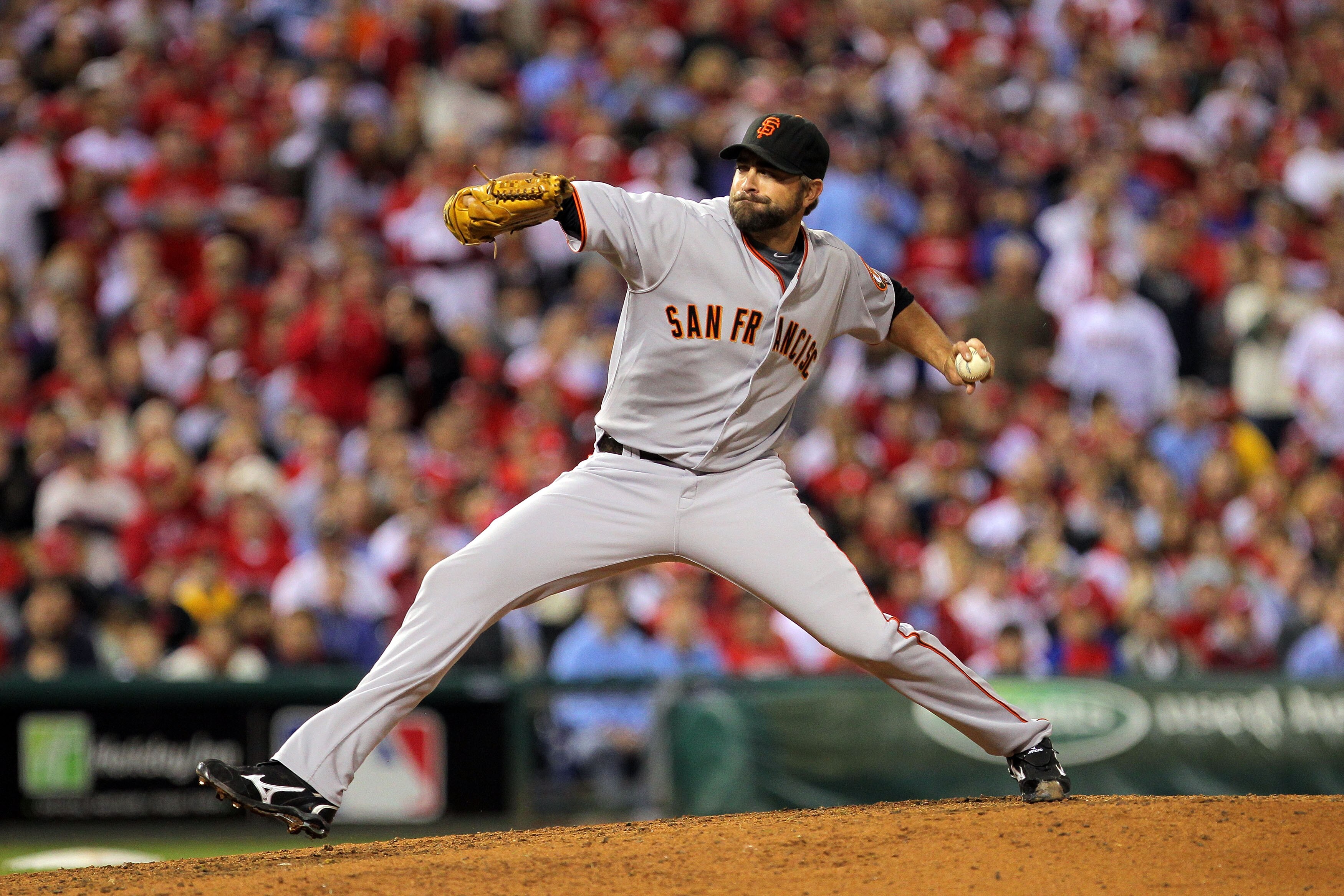 PHILADELPHIA - OCTOBER 23:  Jeremy Affeldt #41 of the San Francisco Giants pitches against the Philadelphia Phillies in Game Six of the NLCS during the 2010 MLB Playoffs at Citizens Bank Park on October 23, 2010 in Philadelphia, Pennsylvania.  (Photo by D