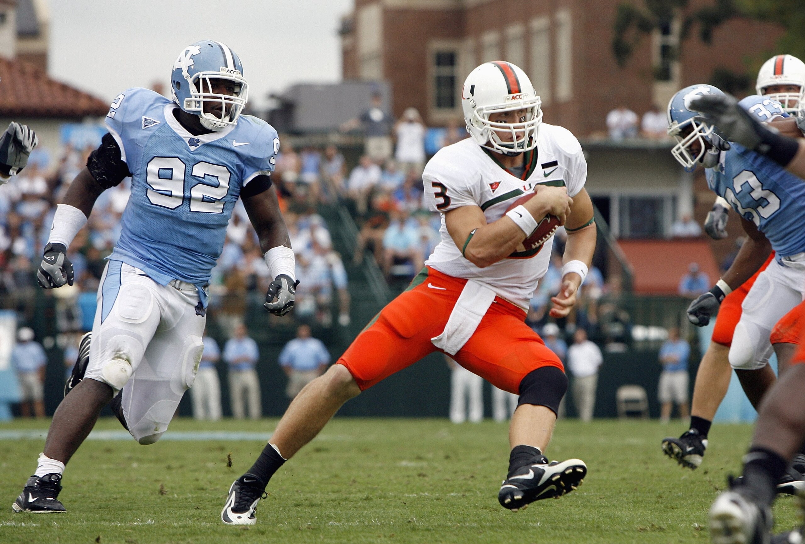 CHAPEL HILL, NC - OCTOBER 06: Quarterback Kyle Wright #3 of the Miami Hurricanes runs the ball during the game against the North Carolina Tar Heelsat Kenan Stadium on October 6, 2007 in Chapel Hill, North Carolina. North Carolina defeated Miami 33-27. (Ph
