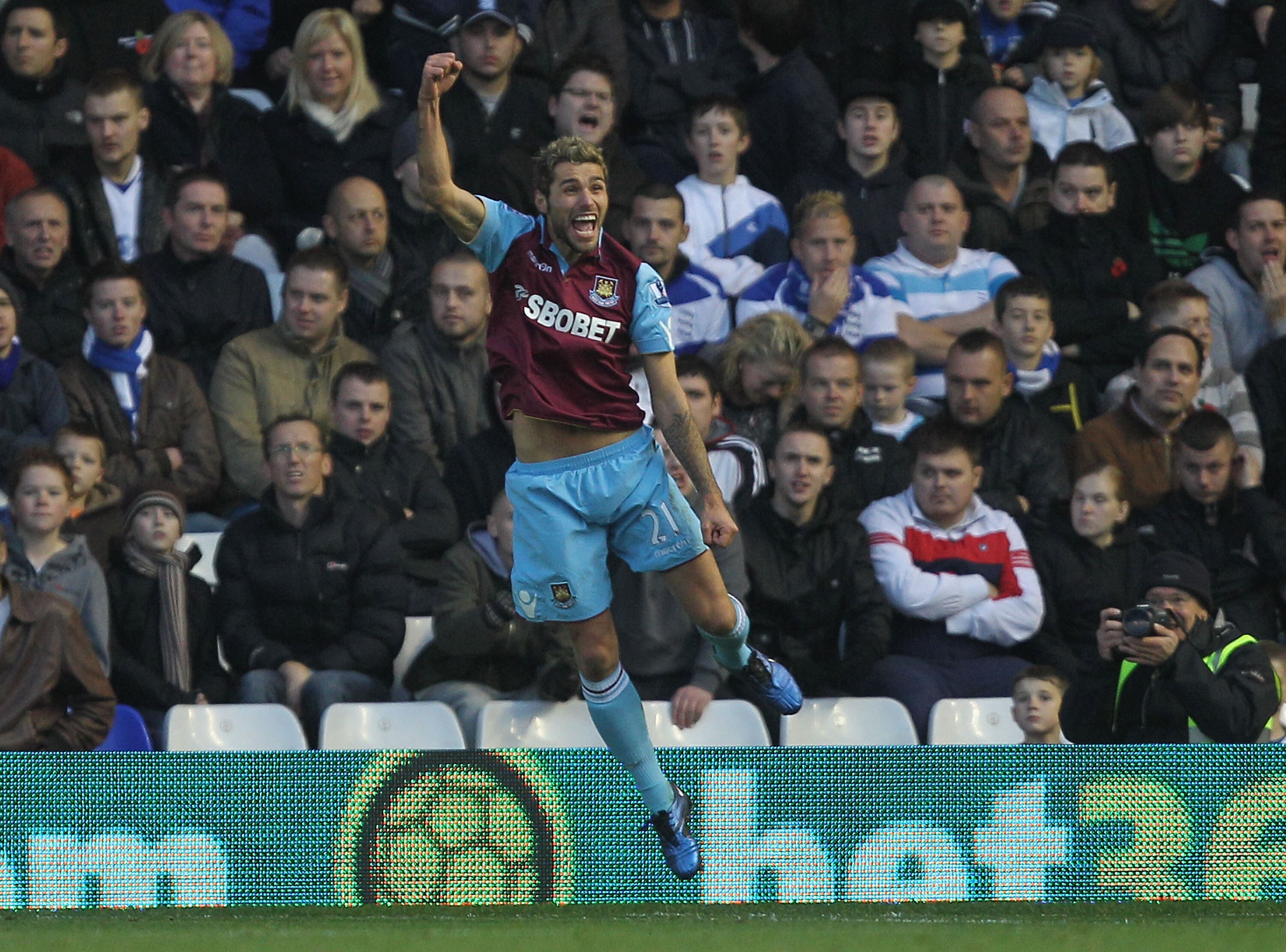 BIRMINGHAM, ENGLAND - NOVEMBER 06:  Valon Behrami of West Ham celebrates scoring their second goal during the Barclays Premier League match between Birmingham City and West Ham United at St Andrews on November 6, 2010 in Birmingham, England.  (Photo by Ha
