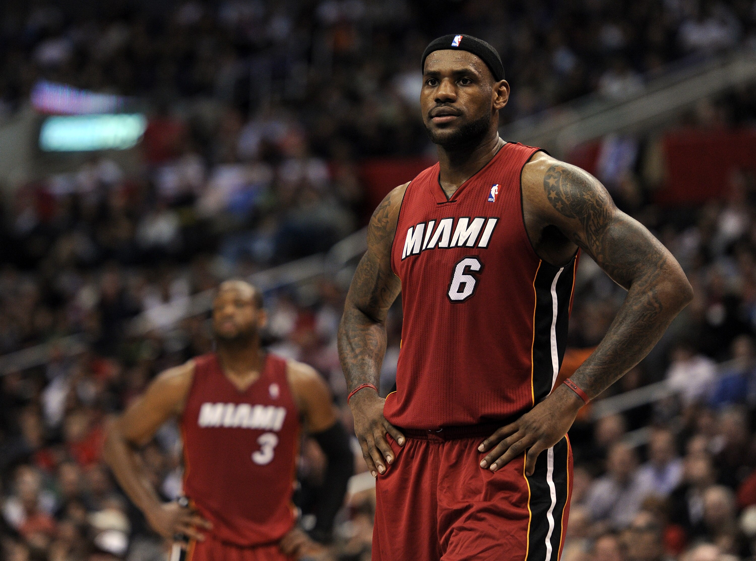 LOS ANGELES, CA - JANUARY 12:  LeBron James #6  and Dwyane Wade #3 of the Miami Heat wait for a free throw during a 111-105 Los Angeles Clippers win at the Staples Center on January 12, 2011 in Los Angeles, California.  NOTE TO USER: User expressly acknow