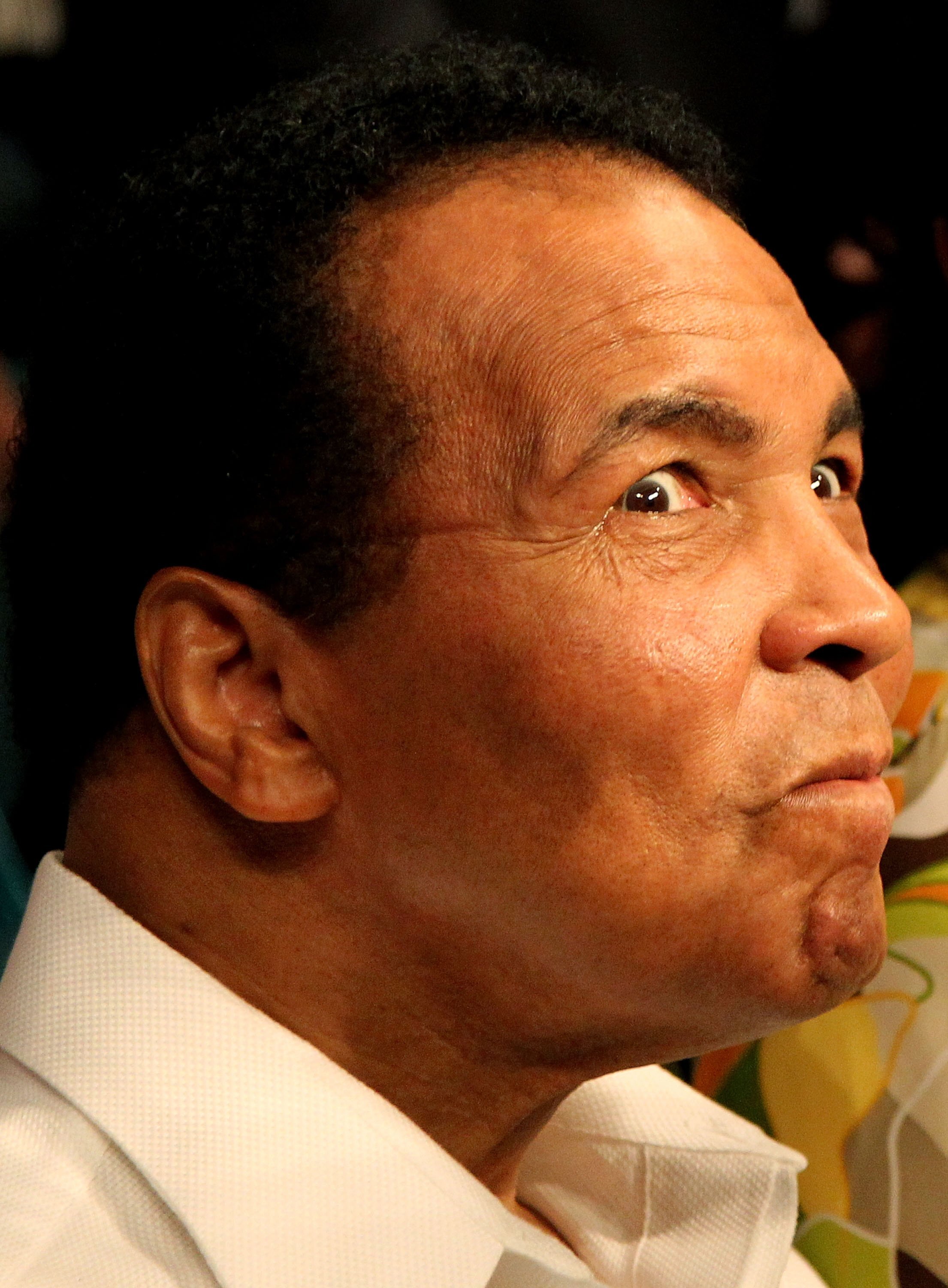 LAS VEGAS - MAY 01:  Boxing legend Muhammad Ali looks on during the Floyd Mayweather Jr. and Shane Mosley welterweight fight at the MGM Grand Garden Arena on May 1, 2010 in Las Vegas, Nevada.  (Photo by Jed Jacobsohn/Getty Images)