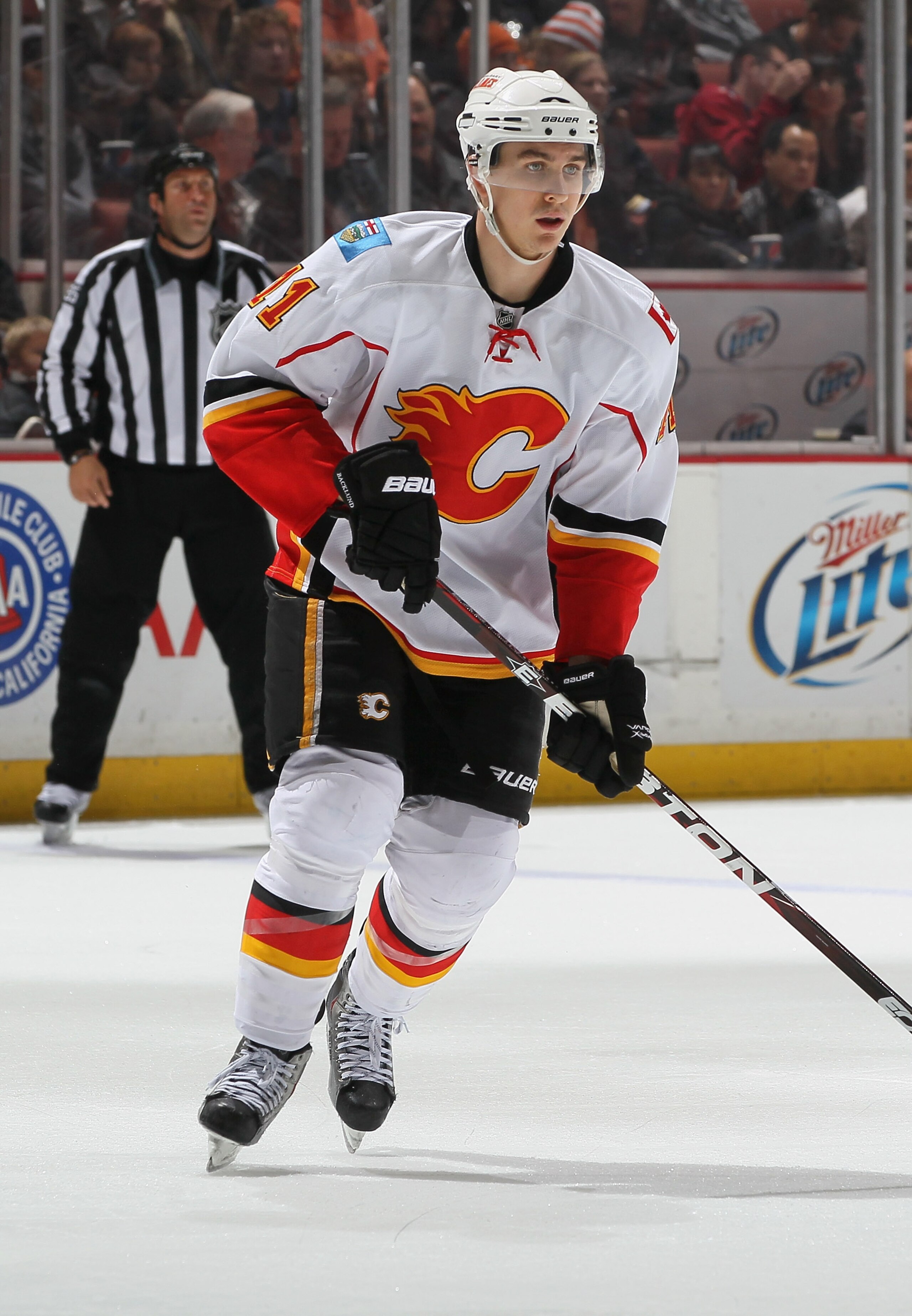 ANAHEIM, CA - DECEMBER 10:  Mikael Backlund #11 of the Calgary Flames skates against the Anaheim Ducks at the Honda Center on December 10, 2010 in Anaheim, California.  (Photo by Jeff Gross/Getty Images)