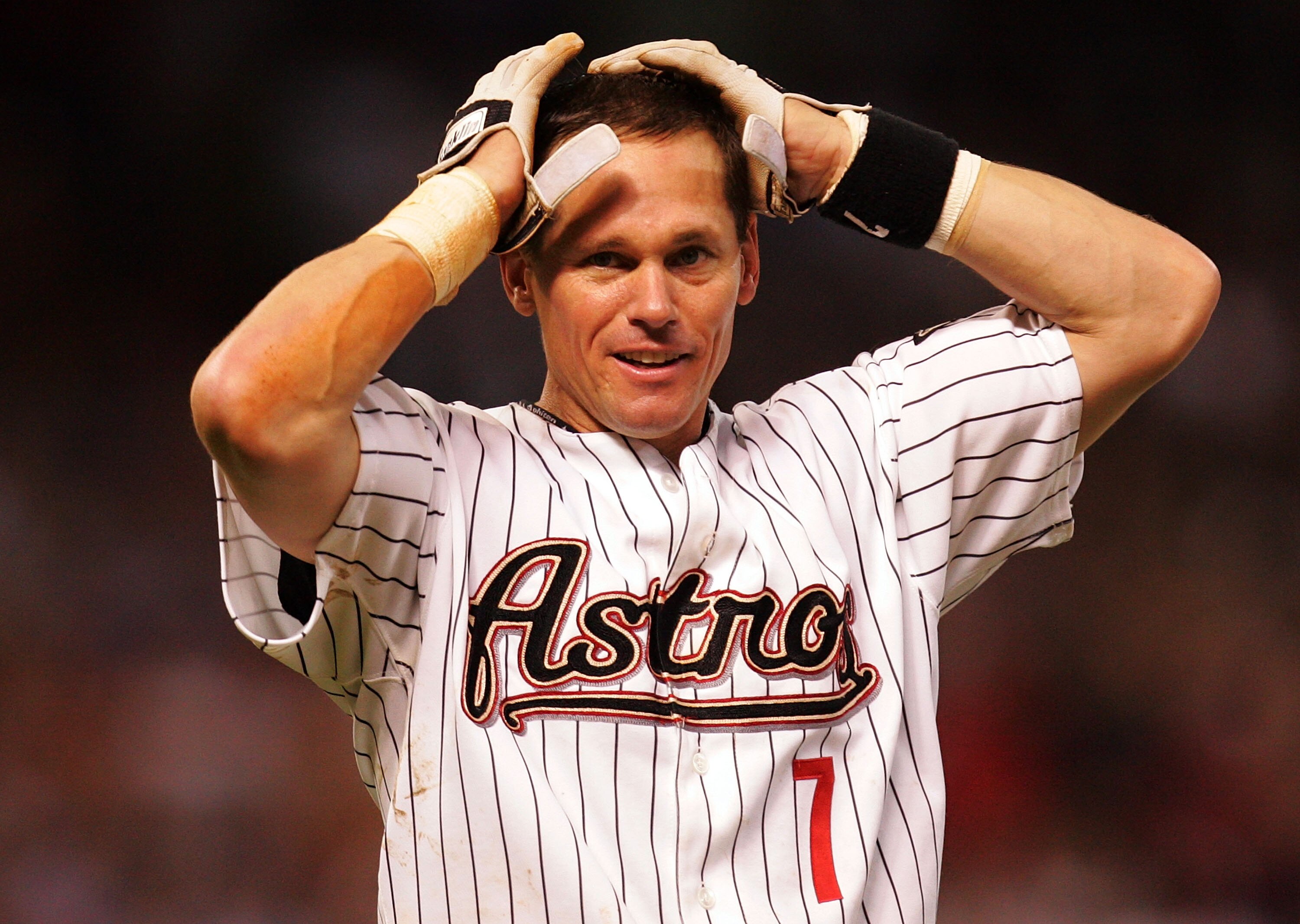 HOUSTON - JUNE 28:  Second baseman Craig Biggio #7 of the Houston Astros reacts after getting his 3,000th career hit against the Colorado Rockies in the 7th inning on June 28, 2007 at Minute Maid Park in Houston, Texas.  (Photo by Ronald Martinez/Getty Im