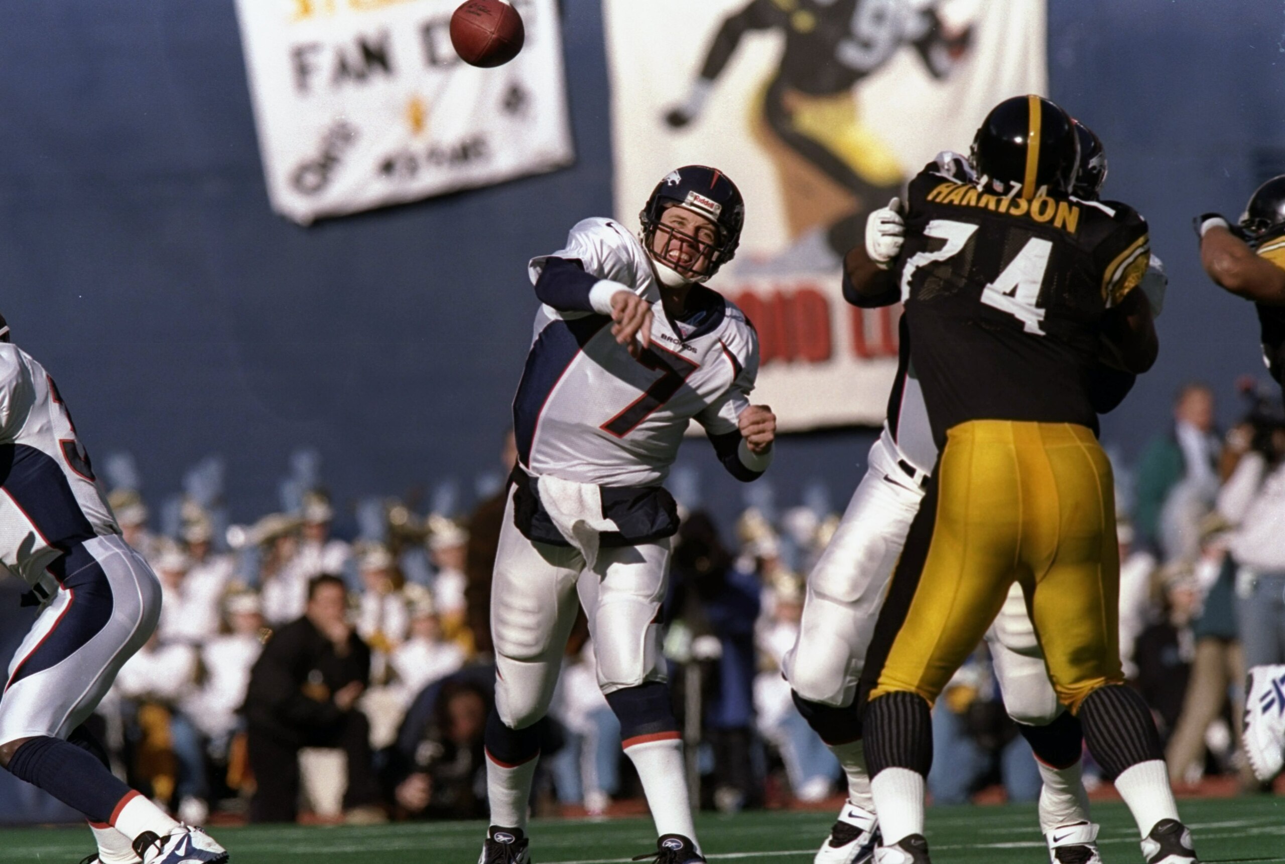 11 Jan 1998: Quarterback John Elway of the Denver Broncos passes the ball during a playoff game against the Pittsburgh Steelers at Three Rivers Stadium in Pittsburgh, Pennsylvania. The Broncos won the game, 24-21.