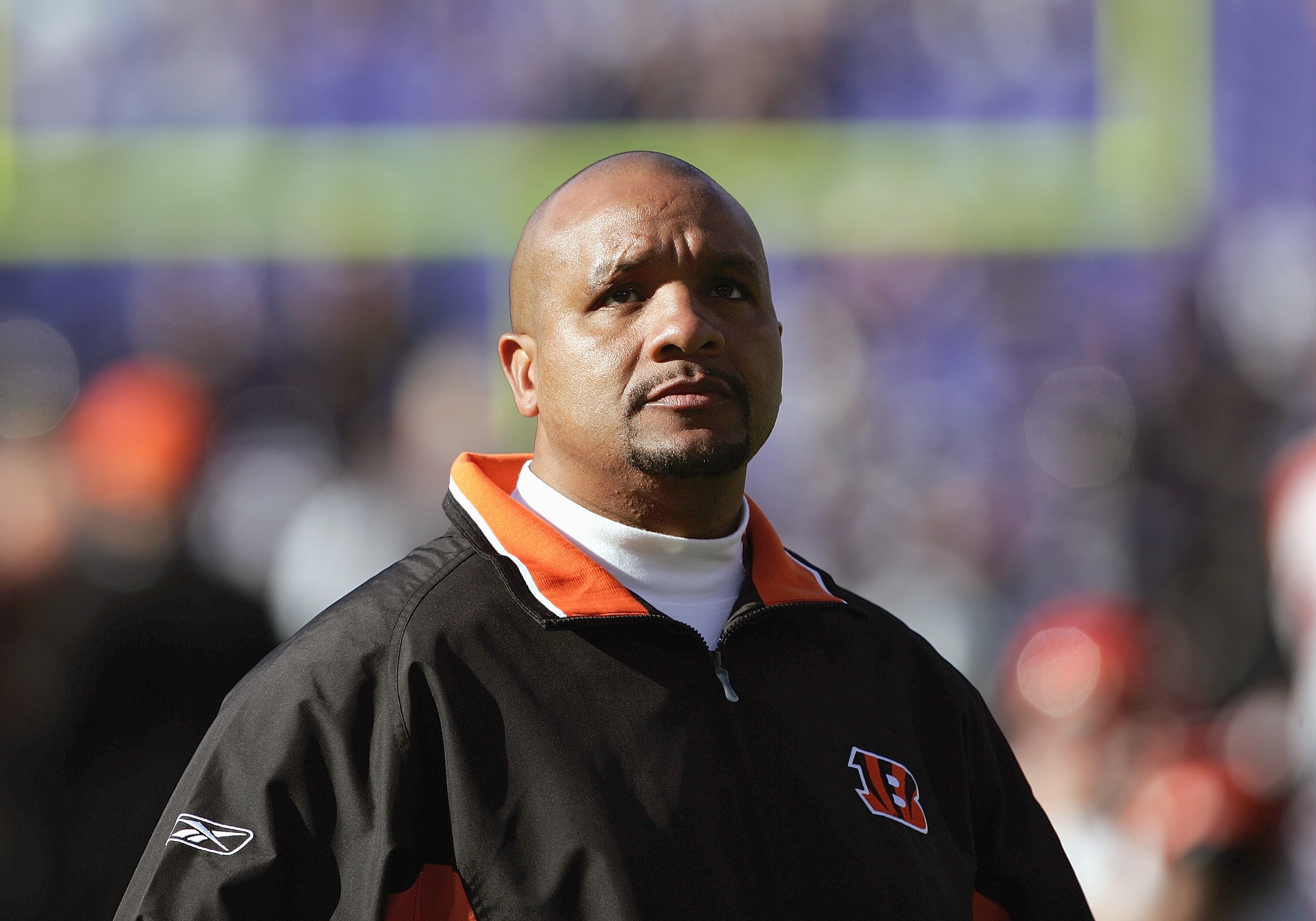 BALTIMORE - DECEMBER 5:  Wide receivers coach Hue Jackson of the Cincinnati Bengals looks on before the game against the Baltimore Ravens at M&T Bank Stadium on December 5, 2004 in Baltimore, Maryland.  The Bengals defeated the Ravens 27-26.  (Photo by Do