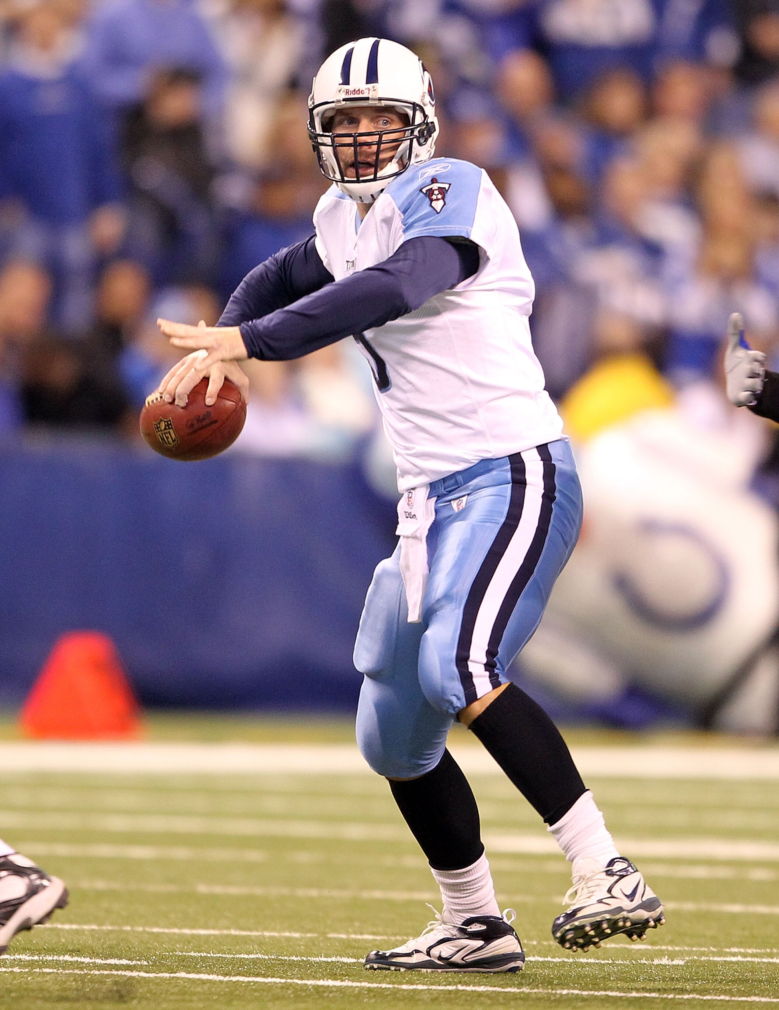INDIANAPOLIS - JANUARY 02:  Kerry Collins #5 of the Tennessee Titans throws a pass during NFL game against the Indianapolis Colts at Lucas Oil Stadium on January 2, 2011 in Indianapolis, Indiana.  (Photo by Andy Lyons/Getty Images)
