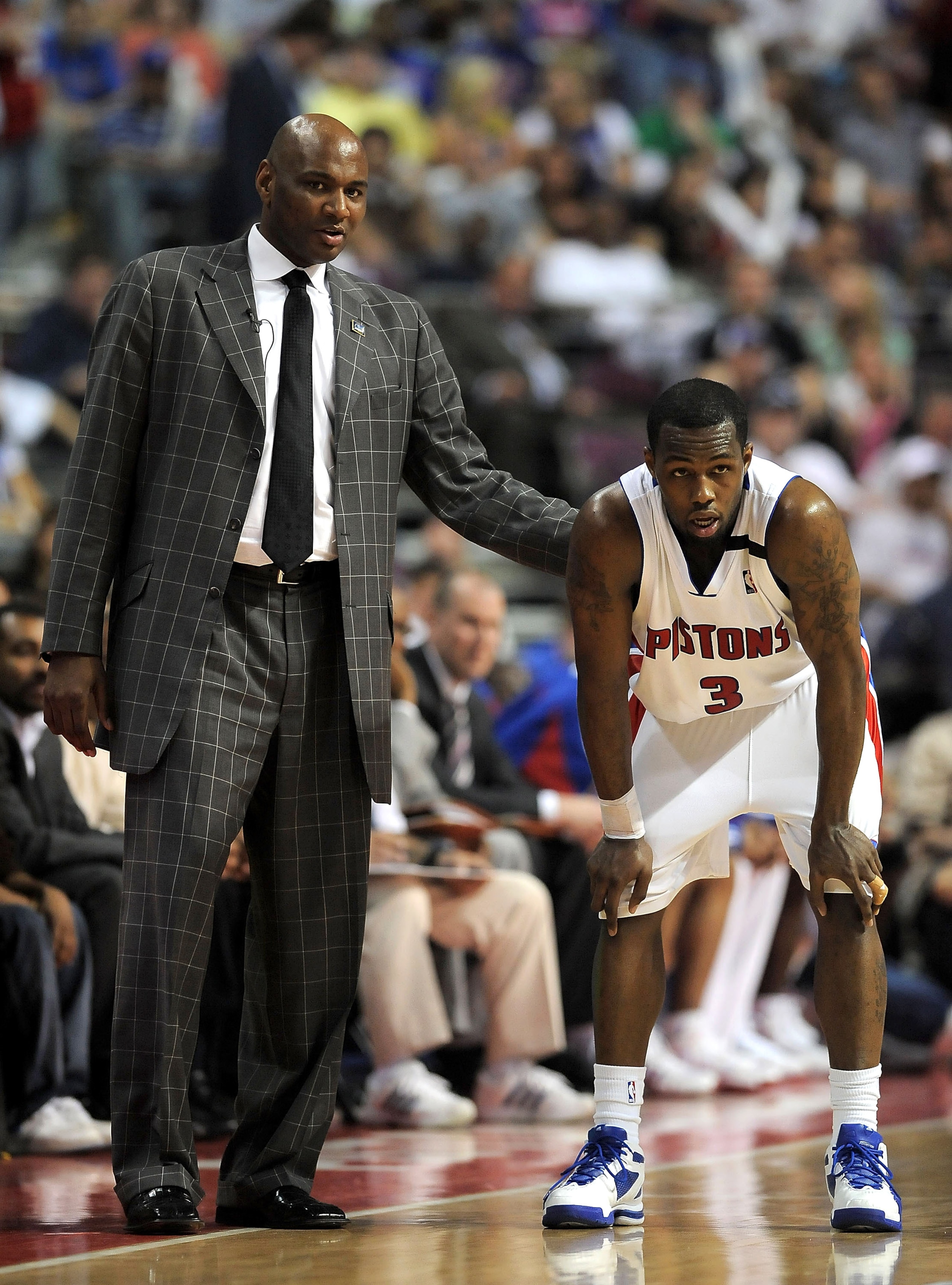 AUBURN HILLS, MI - APRIL 24: Head coach Michael Curry talk with Rodney Stuckey #3 of the Detroit Pistons while playing the Cleveland Cavaliers in Game Three of the Eastern Conference Quarterfinals during the 2009 NBA Playoffs at the Palace of Auburn Hill AUBURN HILLS, MI - APRIL 24: Head coach Michael Curry talk with Rodney Stuckey #3 of the Detroit Pistons while playing the Cleveland Cavaliers in Game Three of the Eastern Conference Quarterfinals during the 2009 NBA Playoffs at the Palace of Auburn Hill