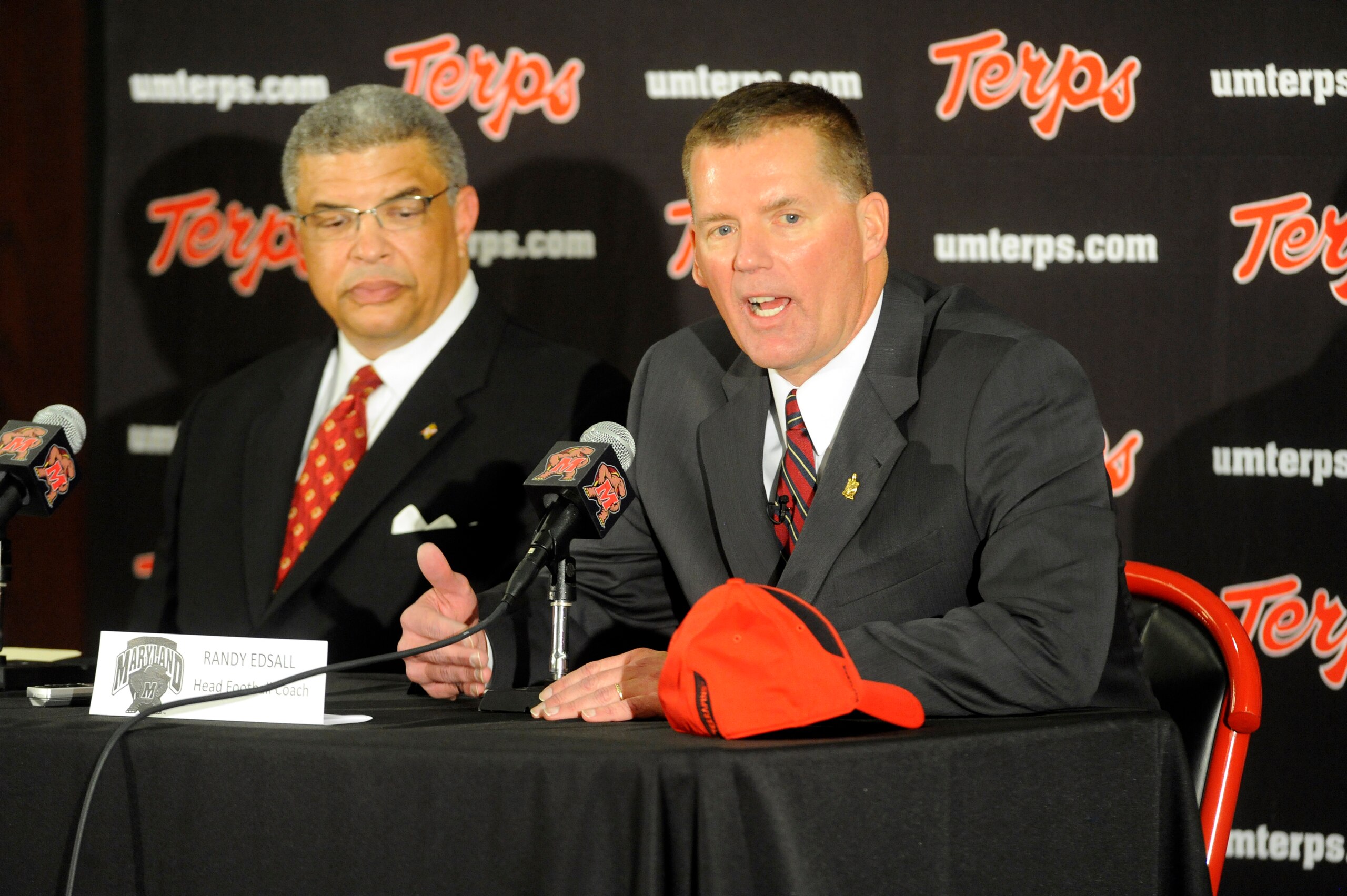 COLLEGE PARK, MD - JANUARY 3: Randy Edsall speaks as he is introduced as the University of Maryland Terps new head football coach as Athletic Director Kevin Anderson (L) of the University of Maryland looks on during a press conference on January 3, 2011 COLLEGE PARK, MD - JANUARY 3: Randy Edsall speaks as he is introduced as the University of Maryland Terps new head football coach as Athletic Director Kevin Anderson (L) of the University of Maryland looks on during a press conference on January 3, 2011