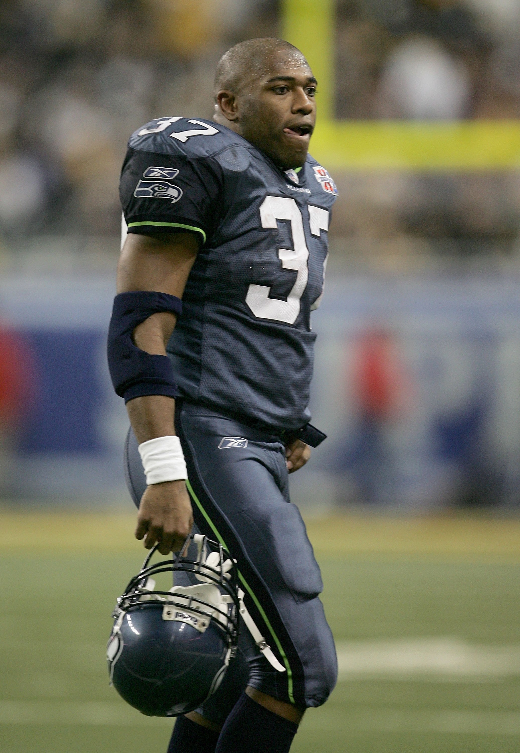 DETROIT - FEBRUARY 05: Running back Shaun Alexander #37 of the Seattle Seahawks walks off the field in the first half while taking on the Pittsburgh Stelers in Super Bowl XL at Ford Field on February 5, 2006 in Detroit, Michigan.The Steelers defeated the