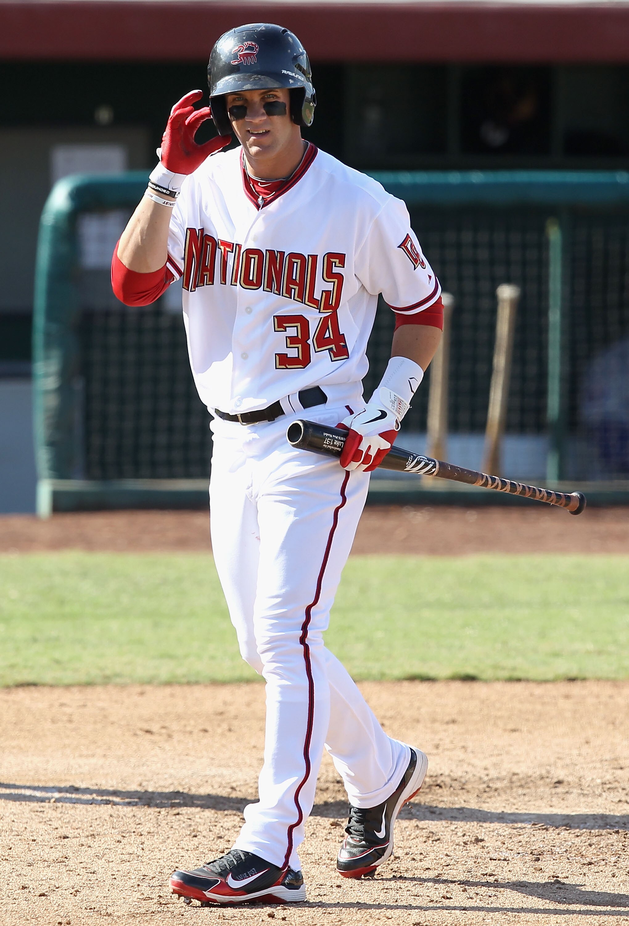 SCOTTSDALE, AZ - OCTOBER 23:  Washington Nationals prospect Bryce Harper #34 playing for the Scottsdale Scorpions walks back to the dugout after striking out during the AZ Fall League game against the Phoenix Desert Dogs at Scottsdale Stadium on October 2