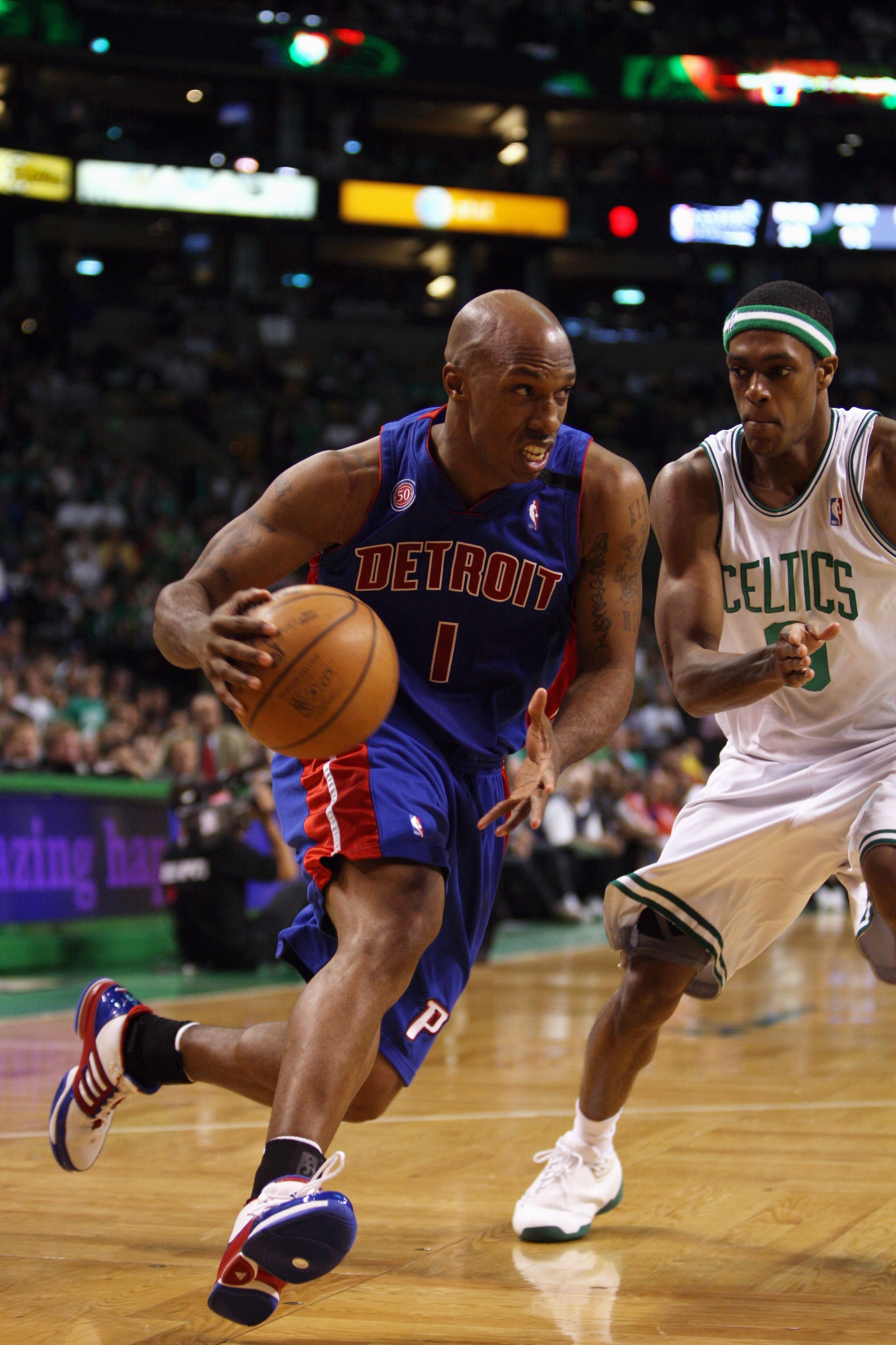 BOSTON - MAY 28:  Chauncey Billups #1 of the Detroit Pistons drives to the basket against Rajon Rondo #9 of the Boston Celtics in Game Five of the Eastern Conference Finals during the 2008 NBA Playoffs at TD Banknorth Garden on May 28, 2008 in Boston, Mas