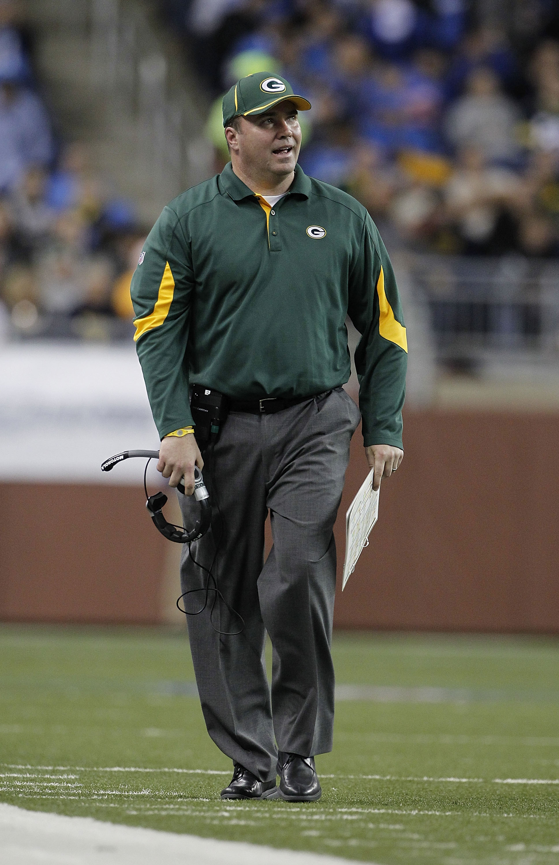 DETROIT - DECEMBER 12: Green Bay Packers head coach Mike McCarthy reacts during the game against the Detroit Lions at Ford Field on December 12, 2010 in Detroit, Michigan. The Lions defeated the Packers 7-3.  (Photo by Leon Halip/Getty Images)